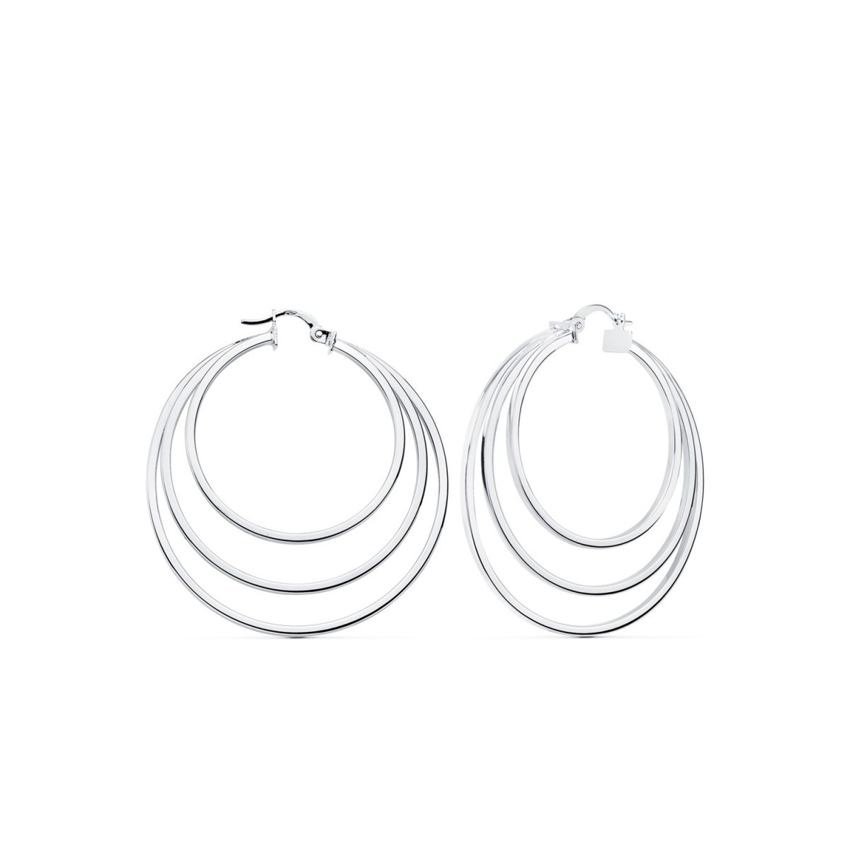 Pendientes oro blanco 18k mujer aros triples 43mm. huecos redondos cierre palillo