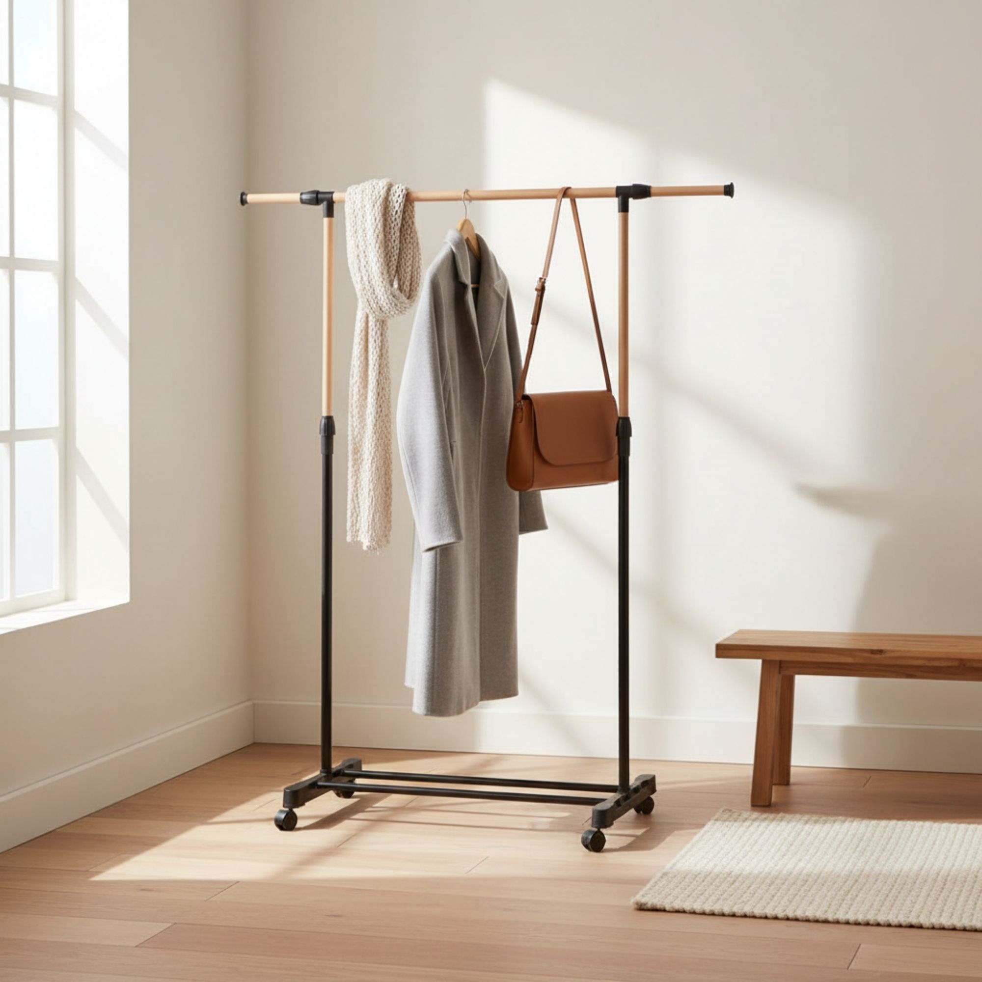 MOBLEKIT | Percheros de Pie y Percheros Extensibles de Metal y Madera, Burros de Ropa con Opciones Ajustables, con Ruedas o Estantes, Organizadores para Dormitorio, Entrada y Hogar