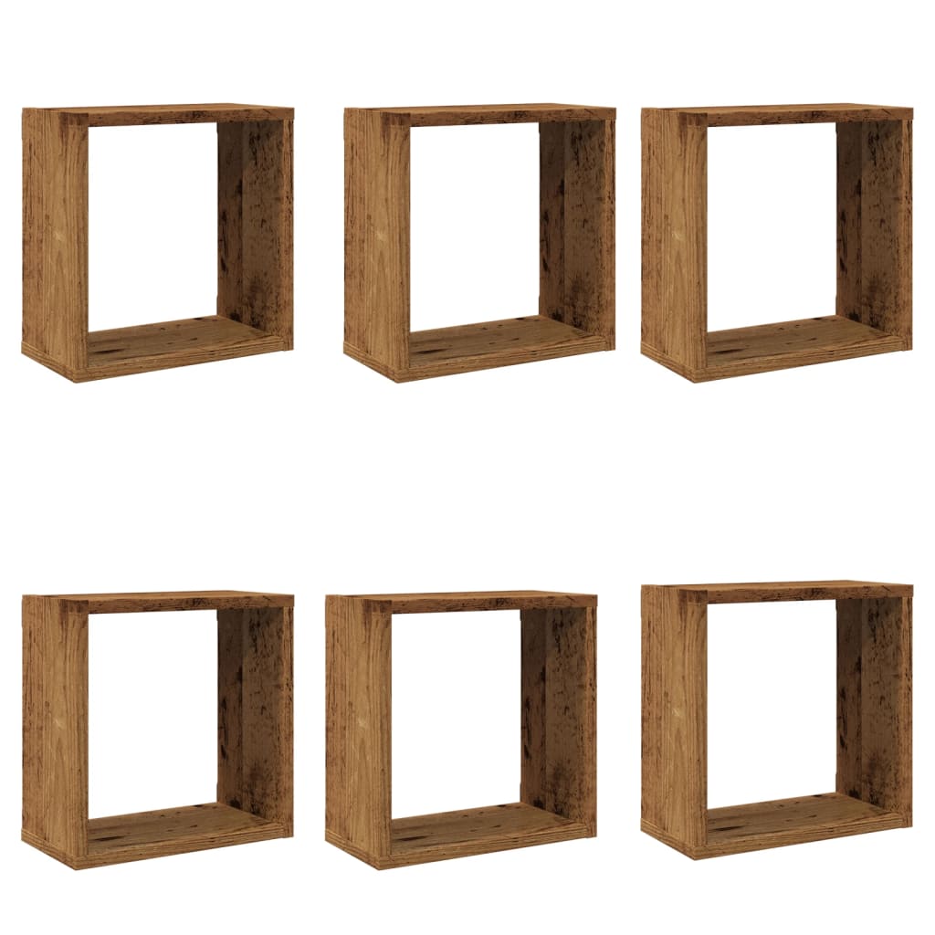 vidaXL Estantes cubo de pared 6 uds madera envejecida 30x15x30 cm