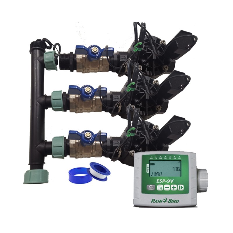 RAIN BIRD Sistema de Riego Automático para Jardín de 3 Zonas | Programador ESP 9V | Electroválvulas Rain Bird HV 1" 9V