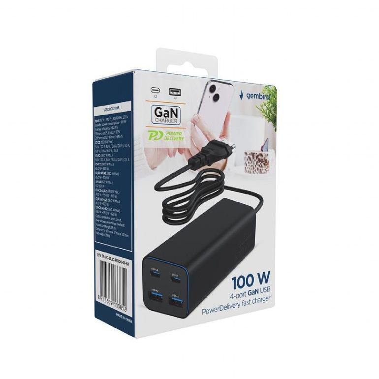Cargador Gembird TA-UC-2A2C-PD100-01-BK | Carga rápida, Dual USB-C, Smartphone, Portátil