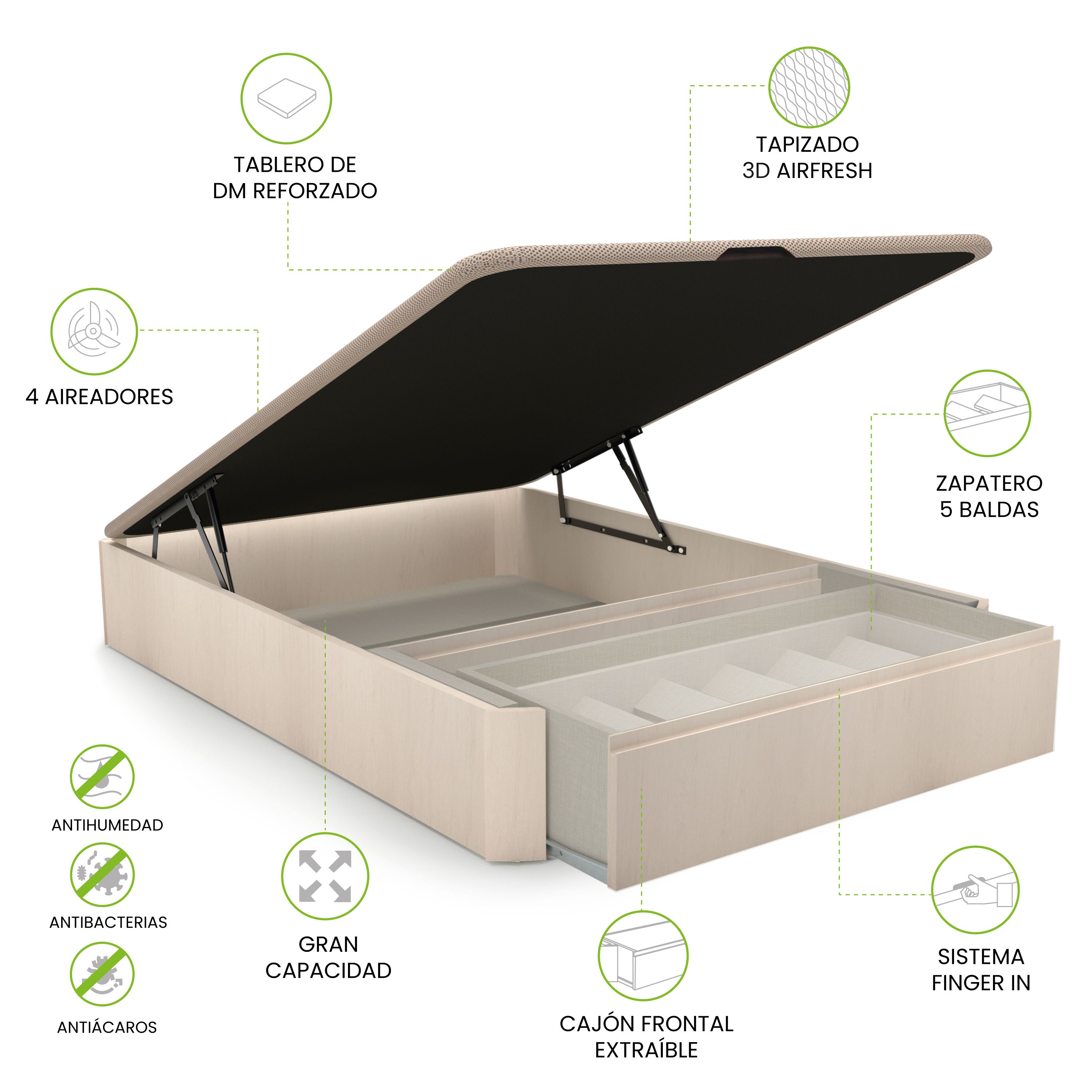 Canapé con cajón frontal con zapatero 135-150 cm Luxury Premium 3D