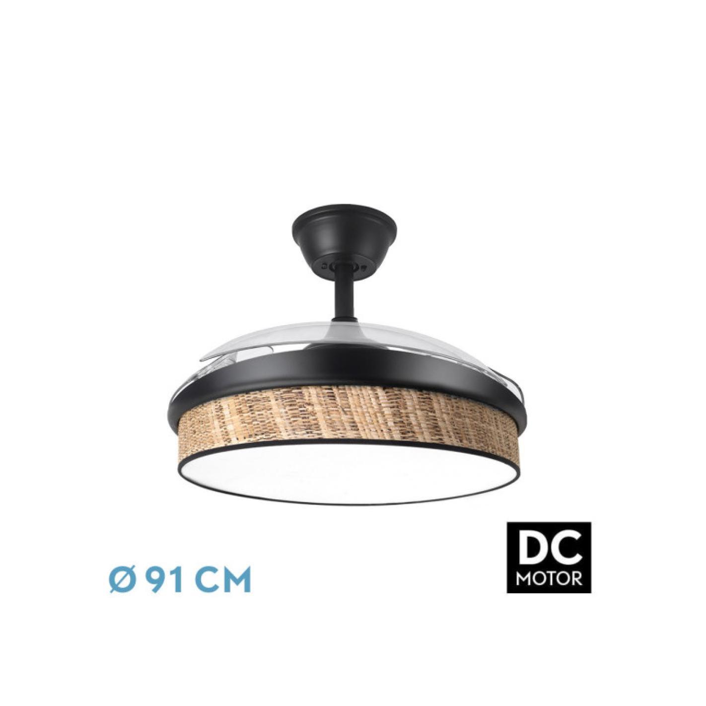 Fabrilamp - Ventilador Dc Moda 72w Negro/cañizo Oscuro 91d 3aspas 7200lm 3000-4000-6000k Remoto+ Memoria+ Temporizador