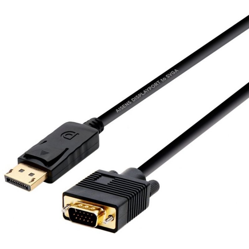 Aisens DisplayPort to VGA Male Cable 2m Black, high-quality copper with 24K gold connectors, supports up to 1920x1200@60Hz resolution, compatible with DisplayPort 1.2a, perfect for connecting displays.