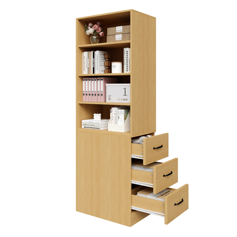 Bibliothèque haute 180 cm en chêne avec tiroirs latéraux et étagères réglables