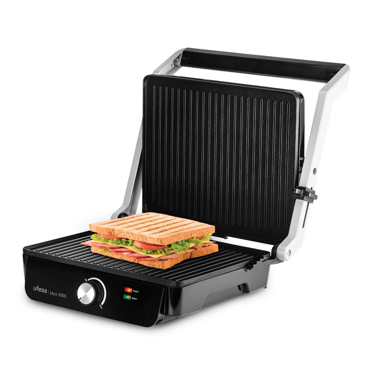 Ufesa - Grill de contacto Press Grill Jaya 2000 de 2000 W con apertura de 180°, placas antiadherentes y regulador de temperatura para cocinar carnes, pescados y verduras de forma rápida y saludable