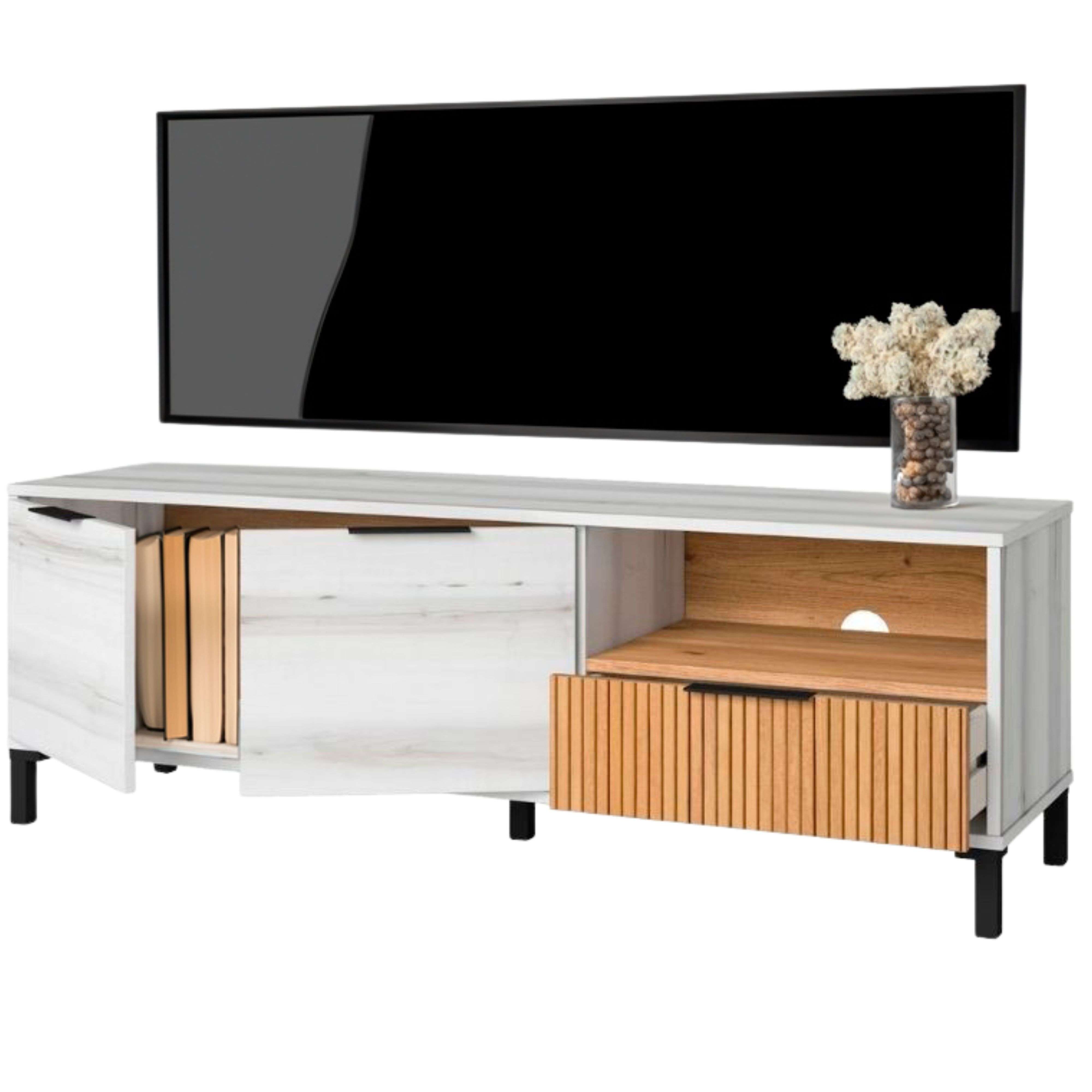 Miroytengo Mueble de TV Tokio Estilo Nórdico en Color Blanco Albo y Roble Rayado con 2 Puertas 1 Cajón 136 cm