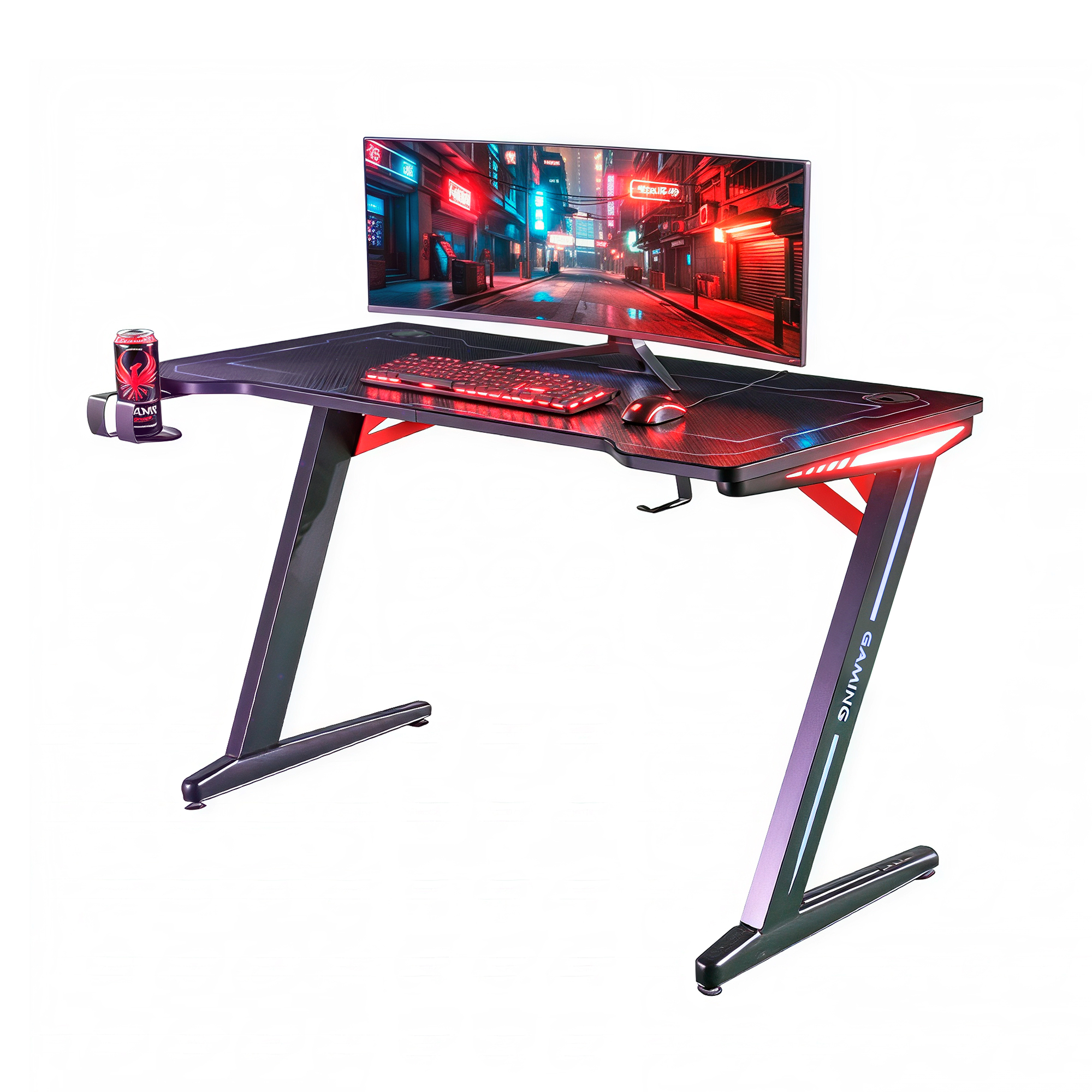 Escritorio Gaming 140 cm x 60 cm, Mesa para Ordenador Consola PS5, Xbox Series, pies de Acero, RGB LED, Base de alfombras, Rejilla para Recoger Cables