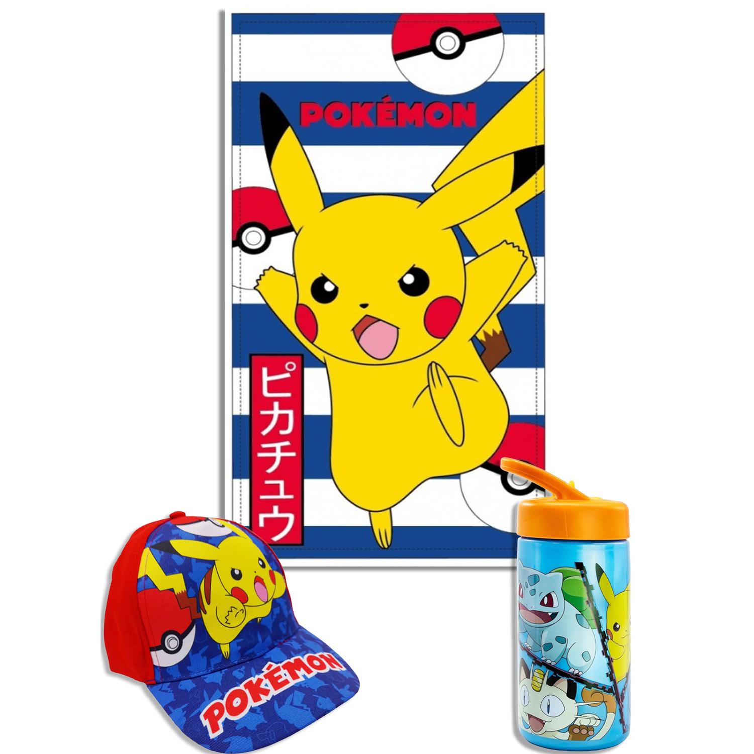 Pack Playa Niño 3 en 1 Toalla Microfibra 140x70 Secado Rápido + Gorra Ajustable + Botella 410ml Set Verano Infantil Piscina Playa Regalo Niños Pokémon Minecraft Stitch Frozen Bluey Dragon Ball Sonic