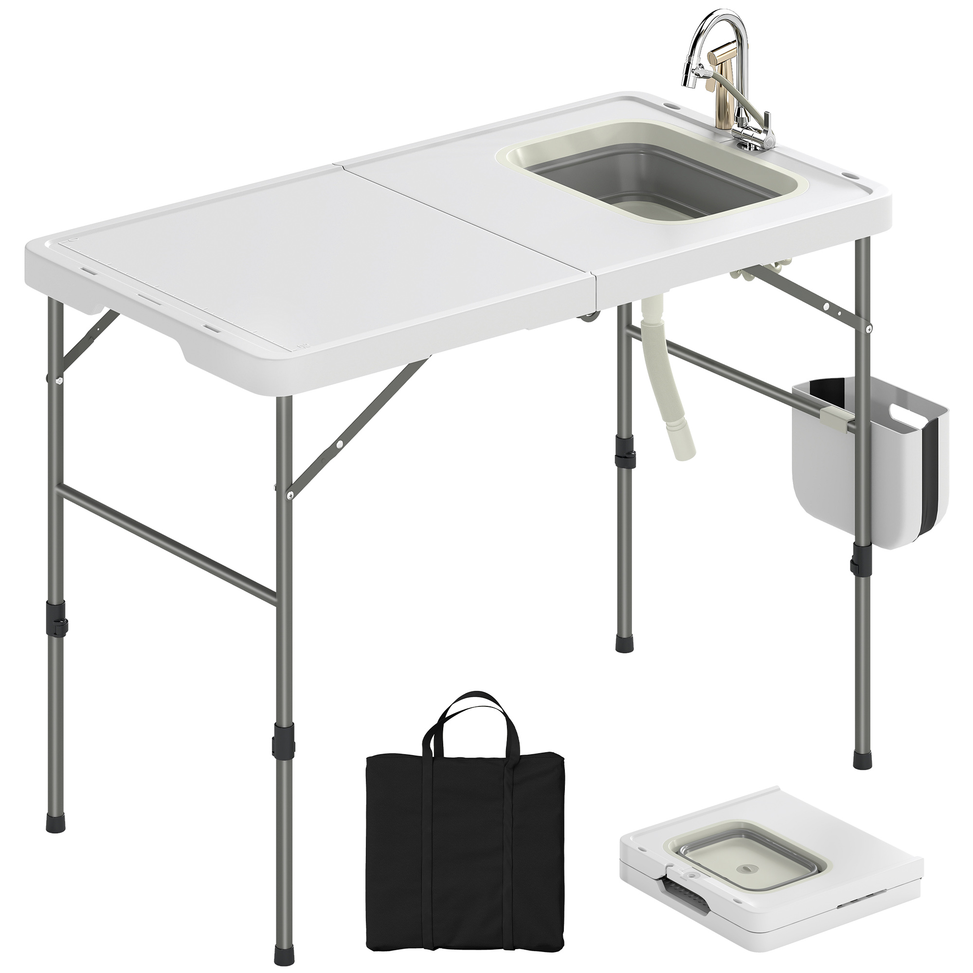 Outsunny Mesa Plegable Camping con Fregadero, Mesa Portátil con Grifo, Altura Regulable, Cubo Plegable, Bolsa de Transporte, Regla, Ranuras para Cuchillos, Mesa Auxiliar Exterior para Jardín Terraza