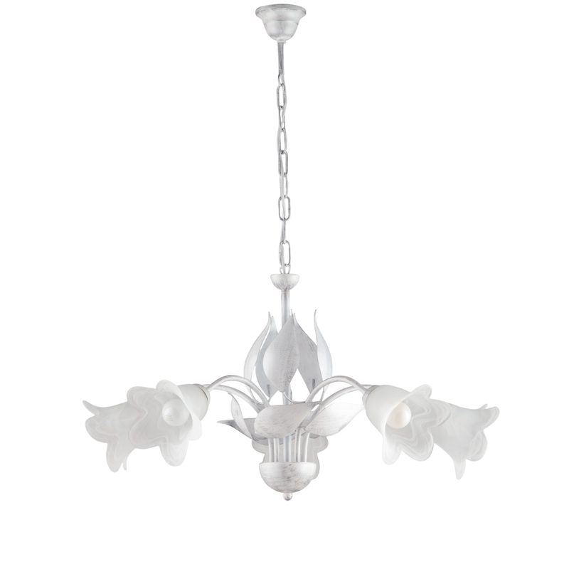 Olga - Lámpara de araña de hierro lacado en blanco con decoración. Difusores de plata antigua y cristal d. 14 alabastro blanco 5 luces 103 - Ø68 - Belight