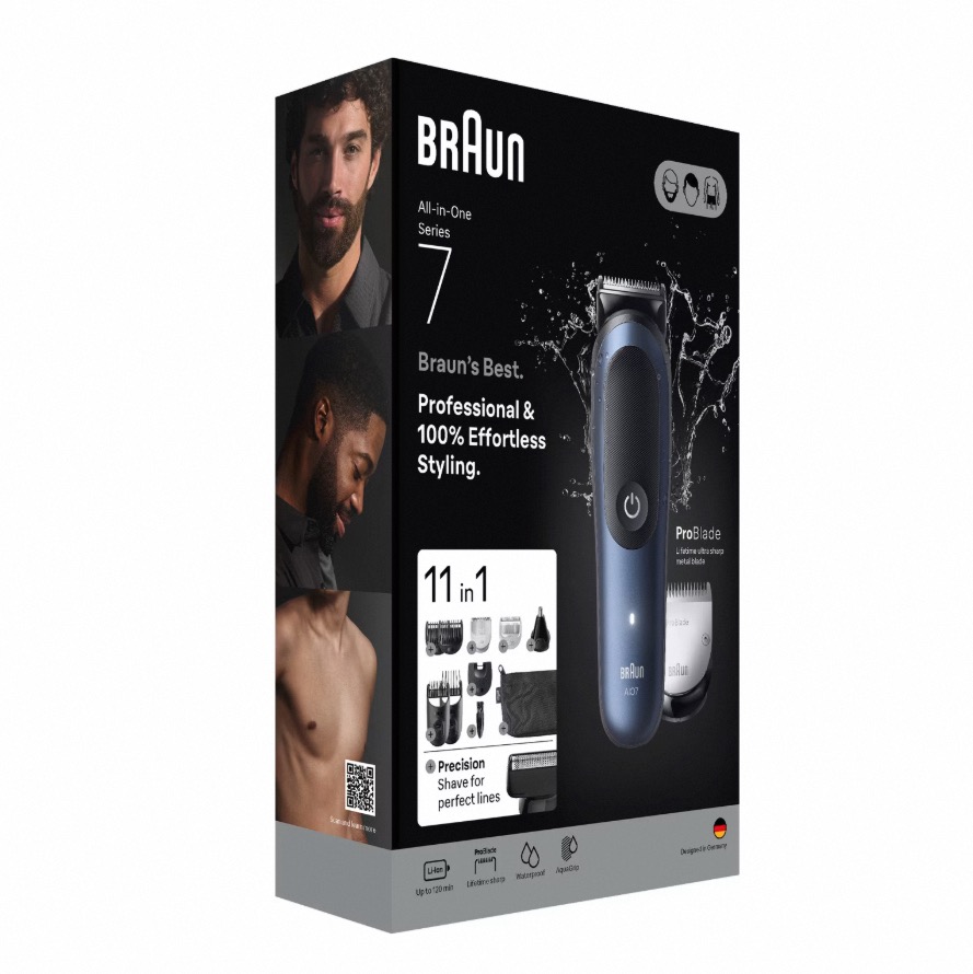 Braun Cortapelos All-in-One Series 7, cuchilla ProBlade, tecnología AutoSense, 120 minutos de autonomía, protección SkinGuard, degradado de barba, mango AquaGrip sumergible