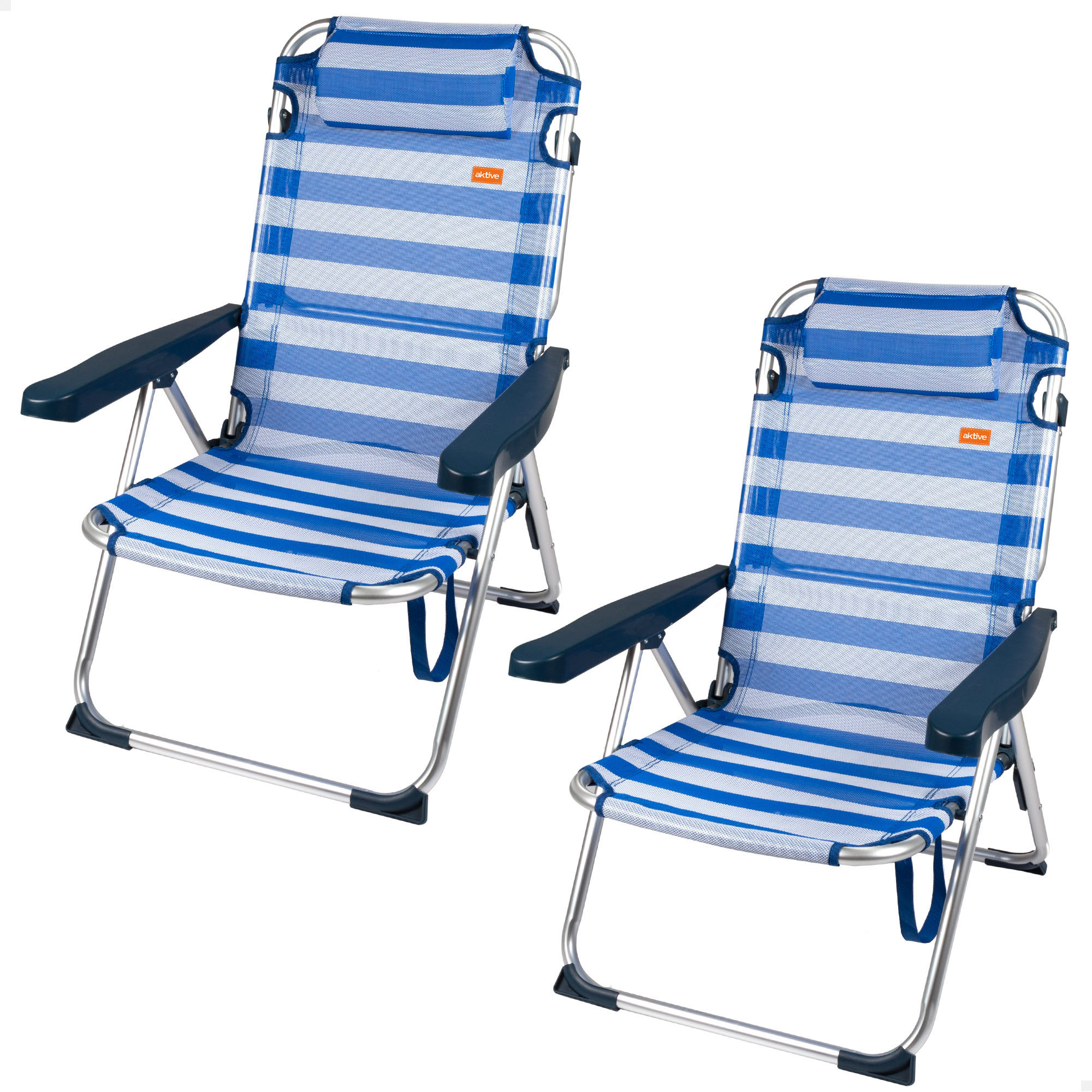 Aktive - Silla playa plegable_ 48x60x90 cm_ respaldo reclinable 5 posiciones_ soporta un peso máximo de 110 kg_ topes antivuelco_ estructura aluminio_ tejido textileno_ incluye cojín acolchado_ tumbona exterior