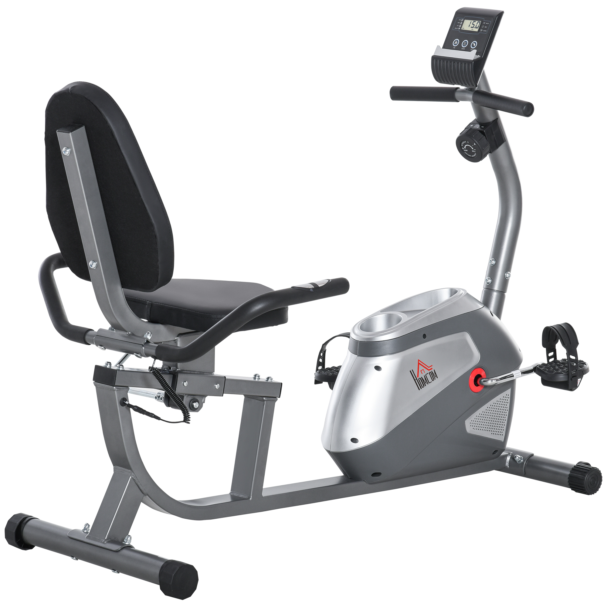 HOMCOM Bicicleta Estática con Respaldo, 8 Niveles Resistencia Magnética, Bicicleta Estática para Casa, con Volante, Asiento Ajustable, Monitor LCD, Pulsómetro, Soporte de Teléfono y Ruedas, Gris