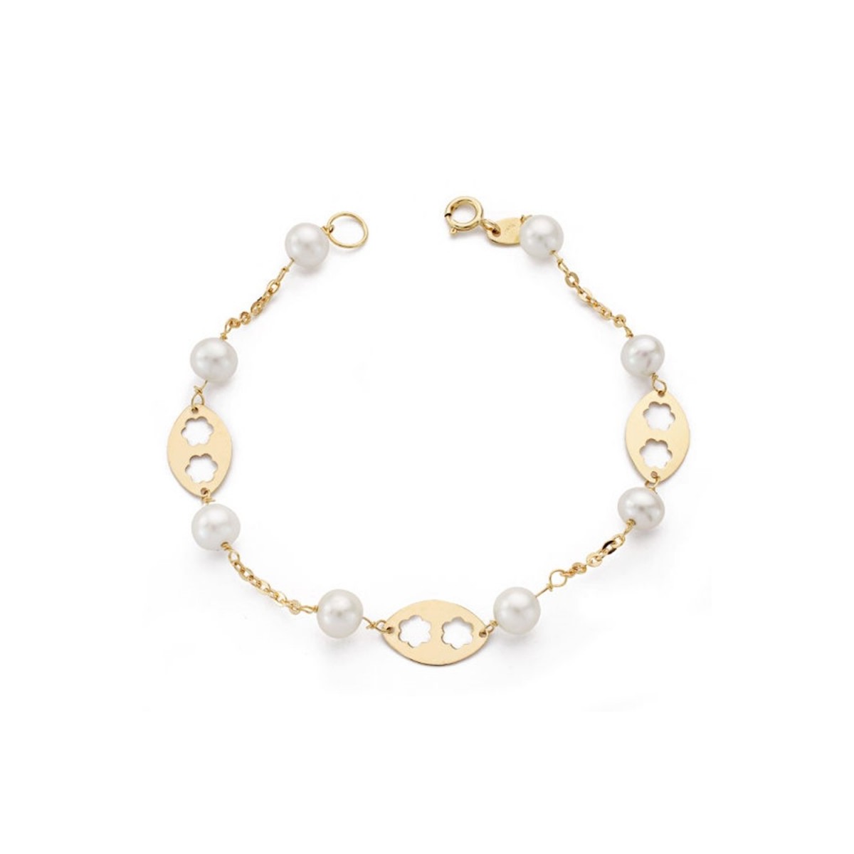Pulsera oro 18k primera comunión 17.5cm. perlas 5.5mm cultivadas chapas ovales flores caladas niña