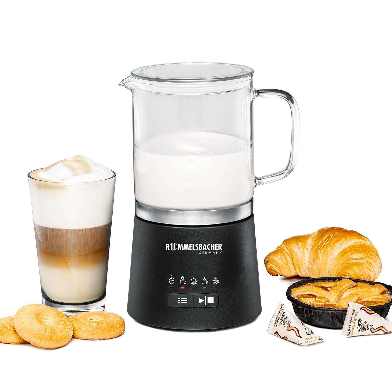 ROMMELSBACHER MS 625 Espumador eléctrico de leche, 500 ml para mezclar, jarra de vidrio, 250 ml para espumar, 5 programas, espuma fría y caliente o agitar