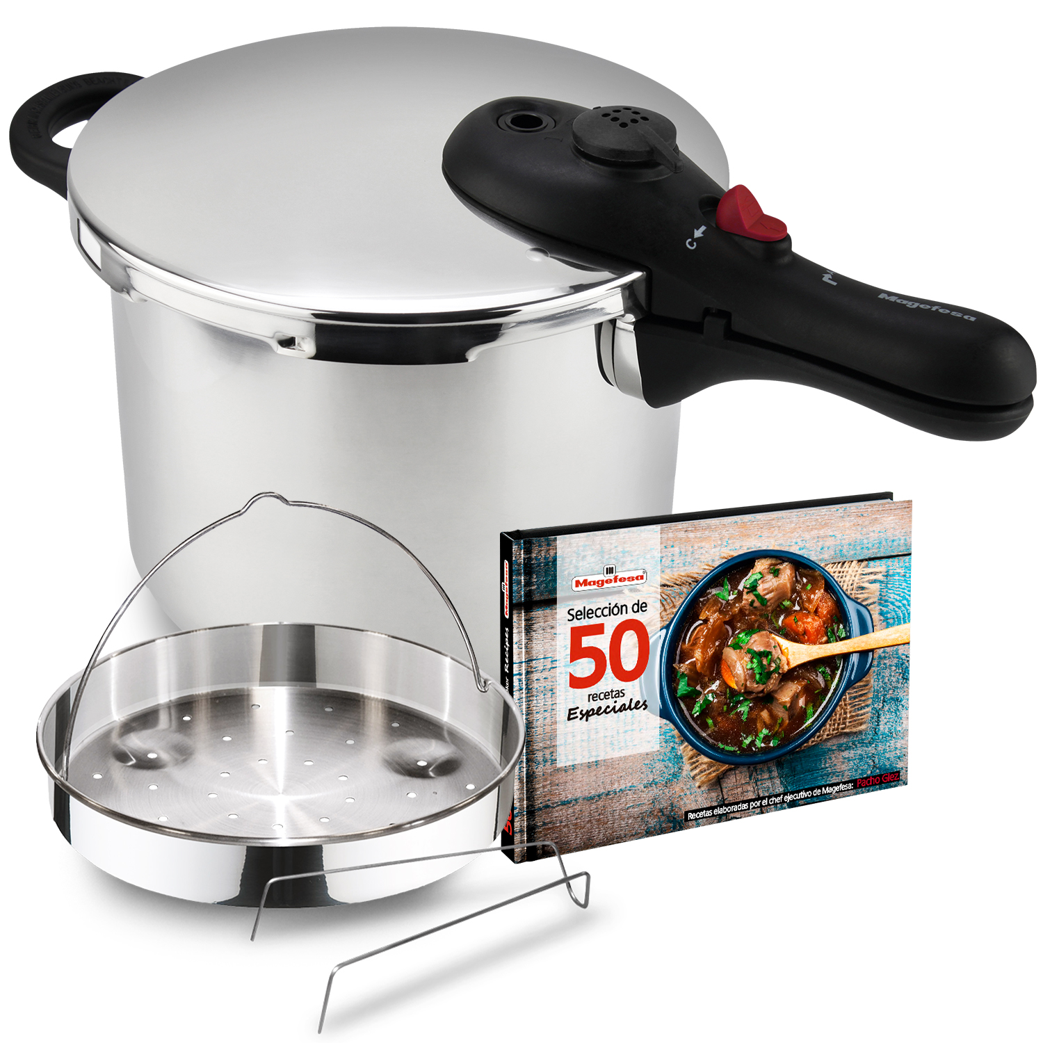 Magefesa DB - Olla a Presión Rápida de 6 Litros + Cestillo + Libro de Recetas, Acero Inoxidable 18/10, Inducción