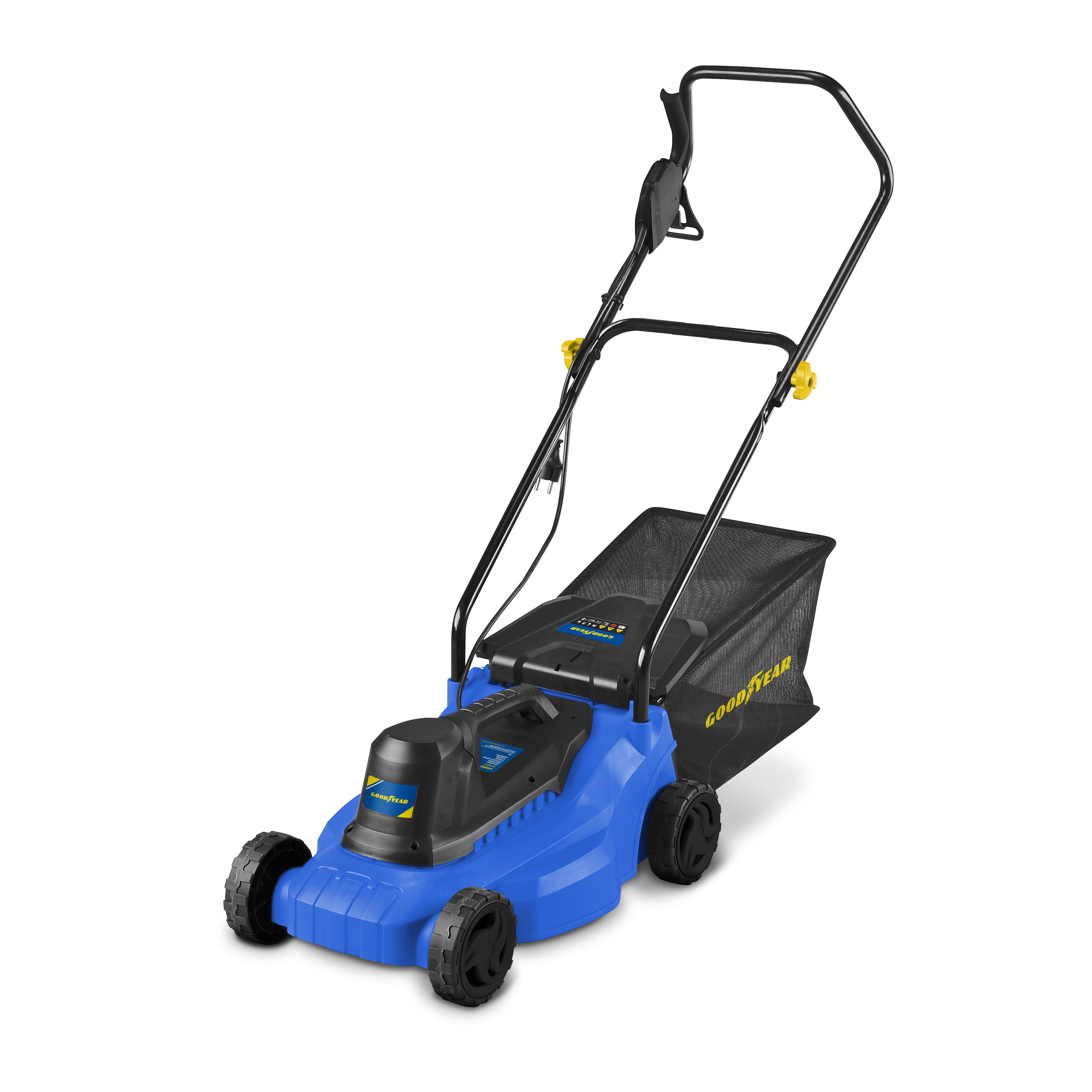Goodyear Cortacésped Eléctrico 1200W • Ancho Corte 32 cm, Altura Ajustable 25-65 mm, Bolsa 35L • Ligero y Compacto para Jardines Pequeños hasta 250 m²