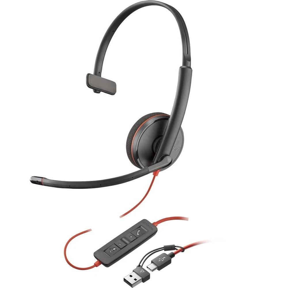 Poly - Auriculares monaurales Blackwire 3210 con micrófono boom omnidireccional y cancelación de ruido, conexión USB-C con adaptador USB-A para Mac y Windows