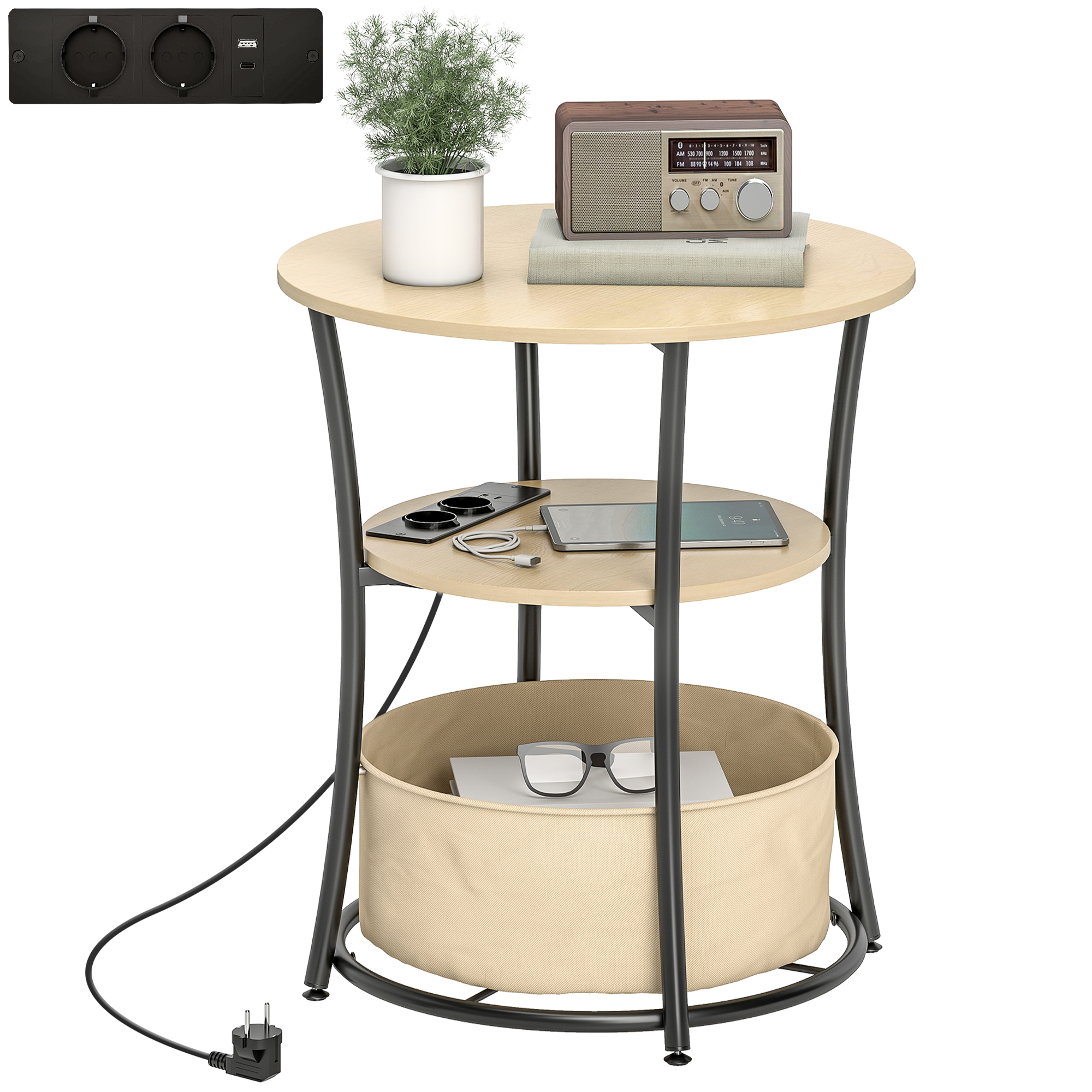 HOMCOM Mesa Auxiliar Redonda de 3 Niveles con Estación de Carga, Mesita Auxiliar Industrial con 2 Estantes Abiertos, Bolsa de Almacenaje, para Salón, Dormitorio, Librería, Ø50x55,1 cm, Madera Natural