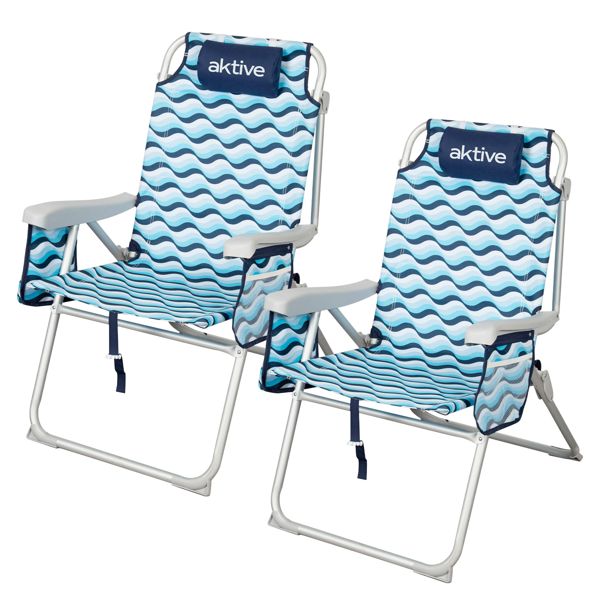 Aktive - Pack 2 sillas de playa XL plegables, aluminio y poliéster, 5 posiciones, antivuelco, asas mochila, bolsillos, color azul, modelo Aruba