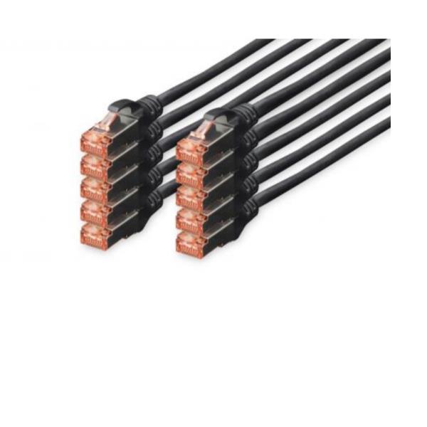 DIGITUS Cable LAN Cat 6 - 0.25m - 10 Piezas - Cable de red RJ45 - S/FTP Blindado - Compatible con Cat 6A y Cat 7 - Negro