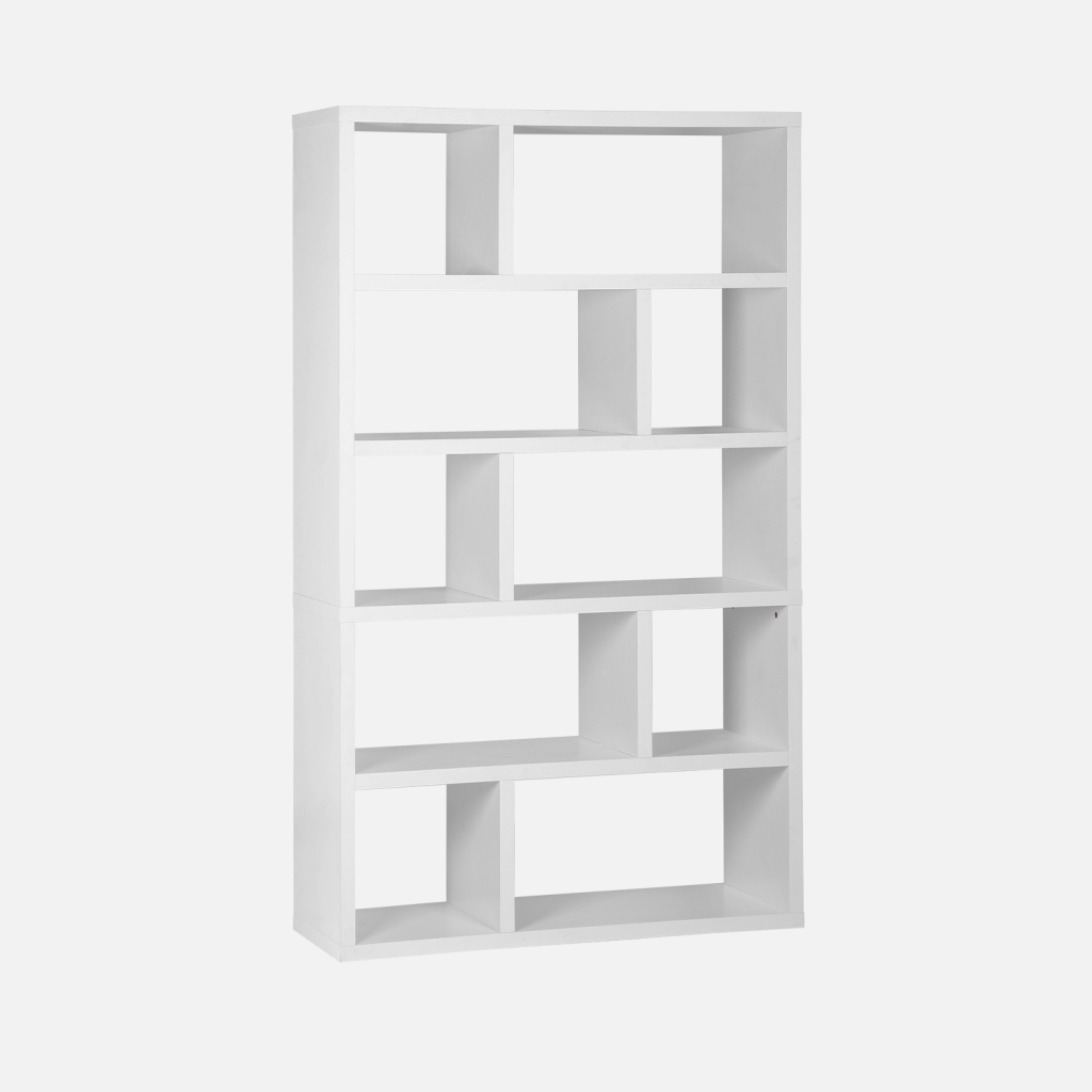 Sweeek - Estantería asimétrica de 5 niveles con 10 compartimentos, Basiks, Blanco, 111.2x39x190 cm