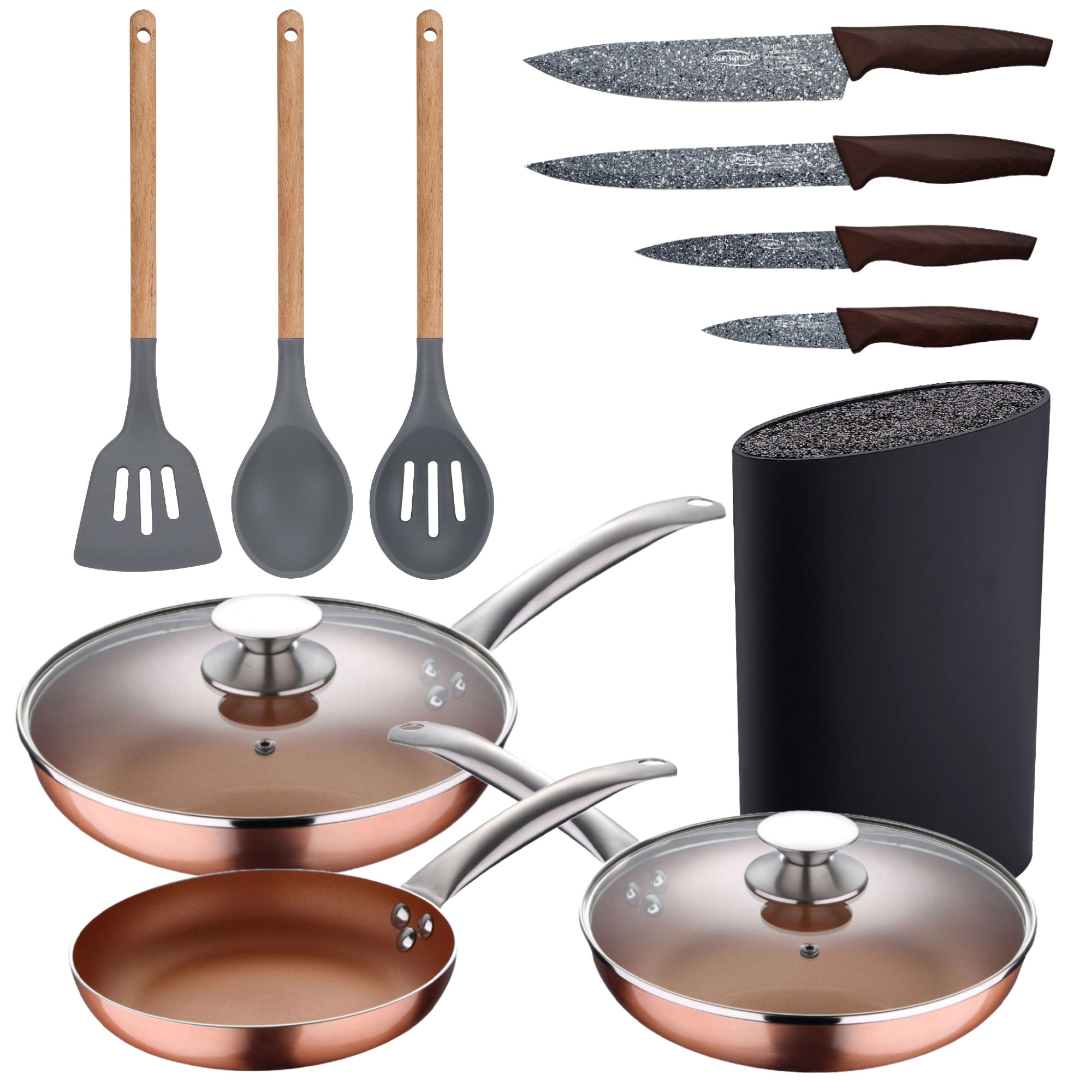 San Ignacio Set de 5 Sartenes con Tapa y Utensilios de Cocina de Silicona y Madera