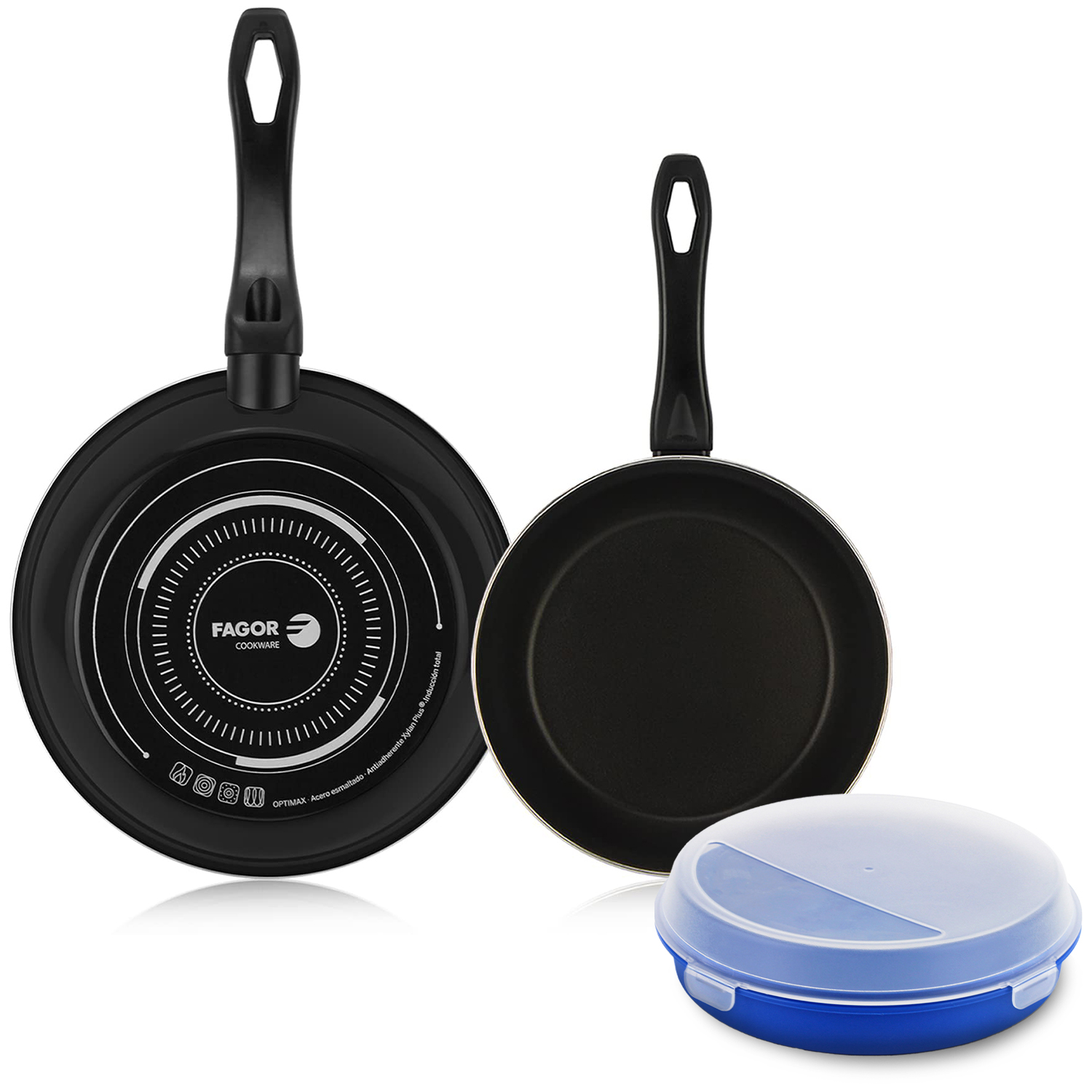 Fagor Optimax - Set Sartenes Negras 18 + 26cm + Taper, Antiadherente Bicapa, Acero Esmaltado, Para Todas las Cocinas, Lavavajillas, Inducción, Limpieza Fácil