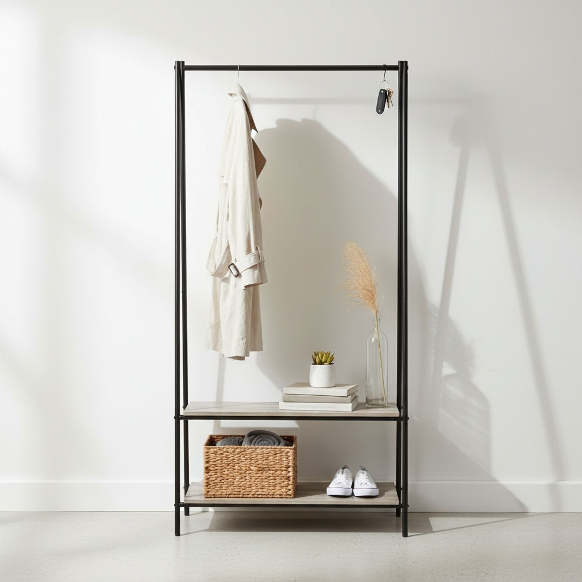 MOBLEKIT | Percheros de Pie y Percheros Extensibles de Metal y Madera, Burros de Ropa con Opciones Ajustables, con Ruedas o Estantes, Organizadores para Dormitorio, Entrada y Hogar