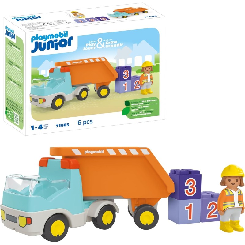 PLAYMOBIL Junior 71685 Camión de Basura, Incluye Tres Piedras apilables edad +1 año 24P71685
