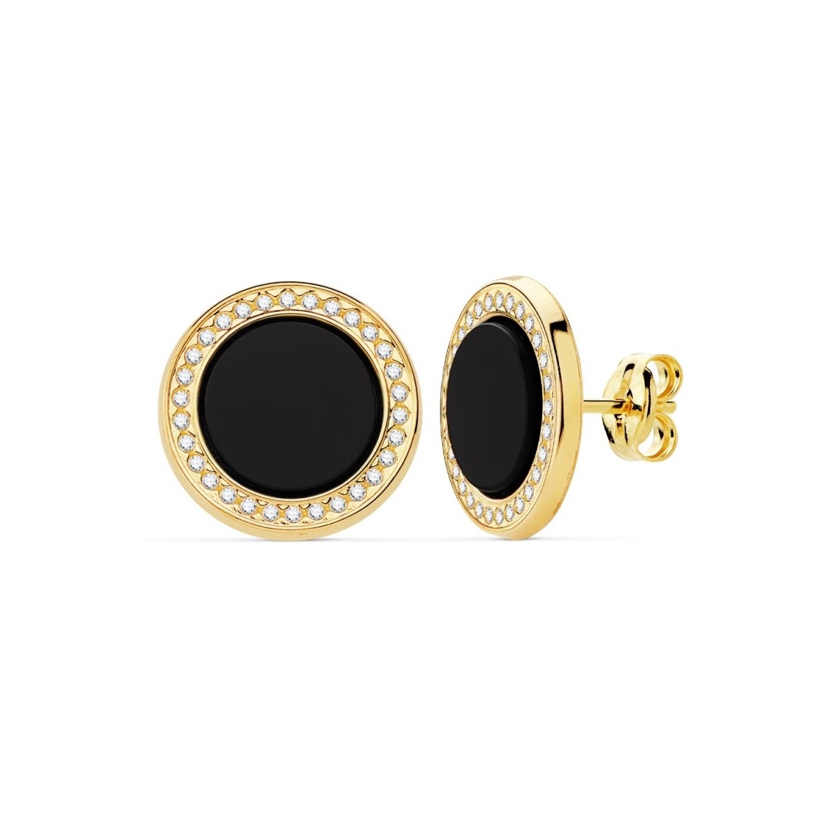 Pendientes oro 18k mujer 12.5mm. redondos centro ónix alrededor circonitas cierre presión