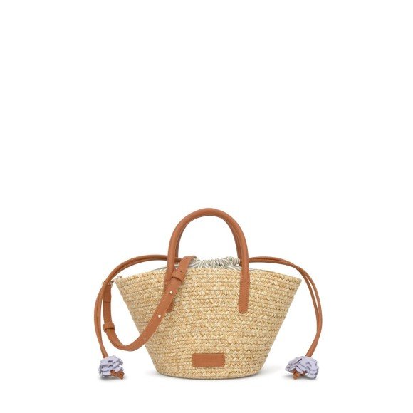 Tous - Capazo pequeño Summer Holidays de rafia natural con asas de piel y bandolera ajustable, ideal para escapadas veraniegas, 17 x 35 x 15 cm