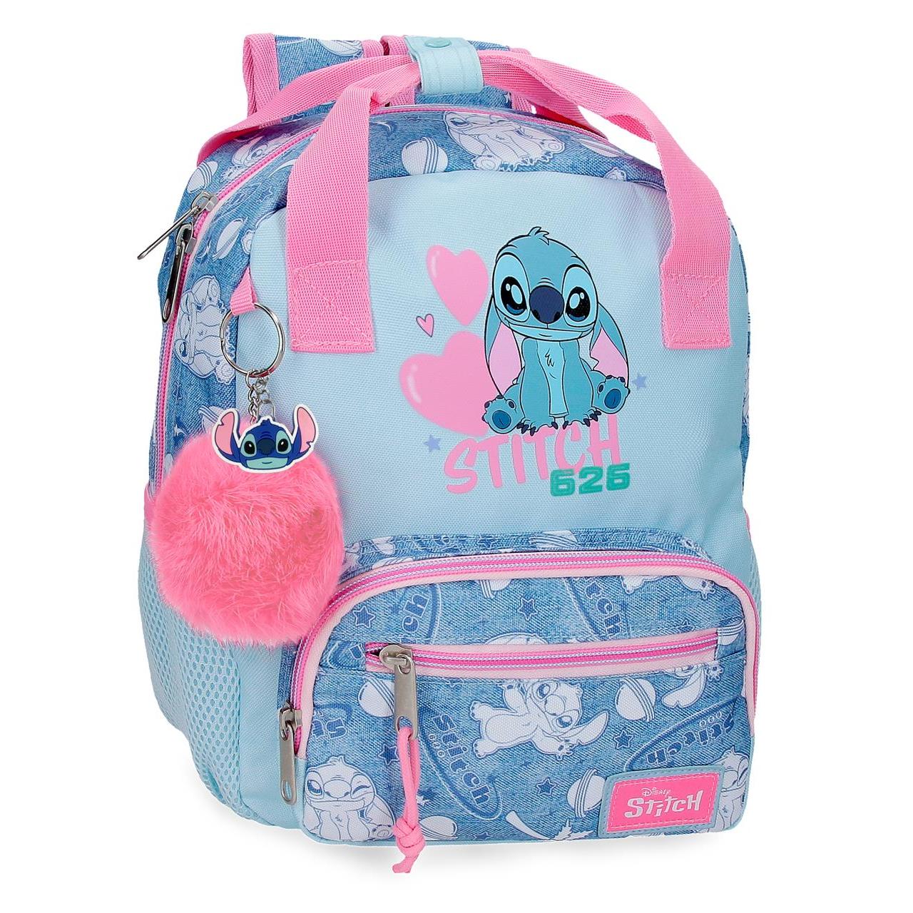 Mochila escolar adaptable a carro Disney Stitch Hearts denim