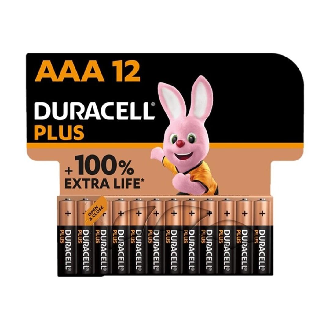 Duracell Plus pilas AAA (pack de 12) - Alcalinas 1,5 V - Hasta 100 % extra duración - Fiabilidad para dispositivos cotidianos - Embalaje sin plástico - 10 años de almacenamiento - LR03 MN2400