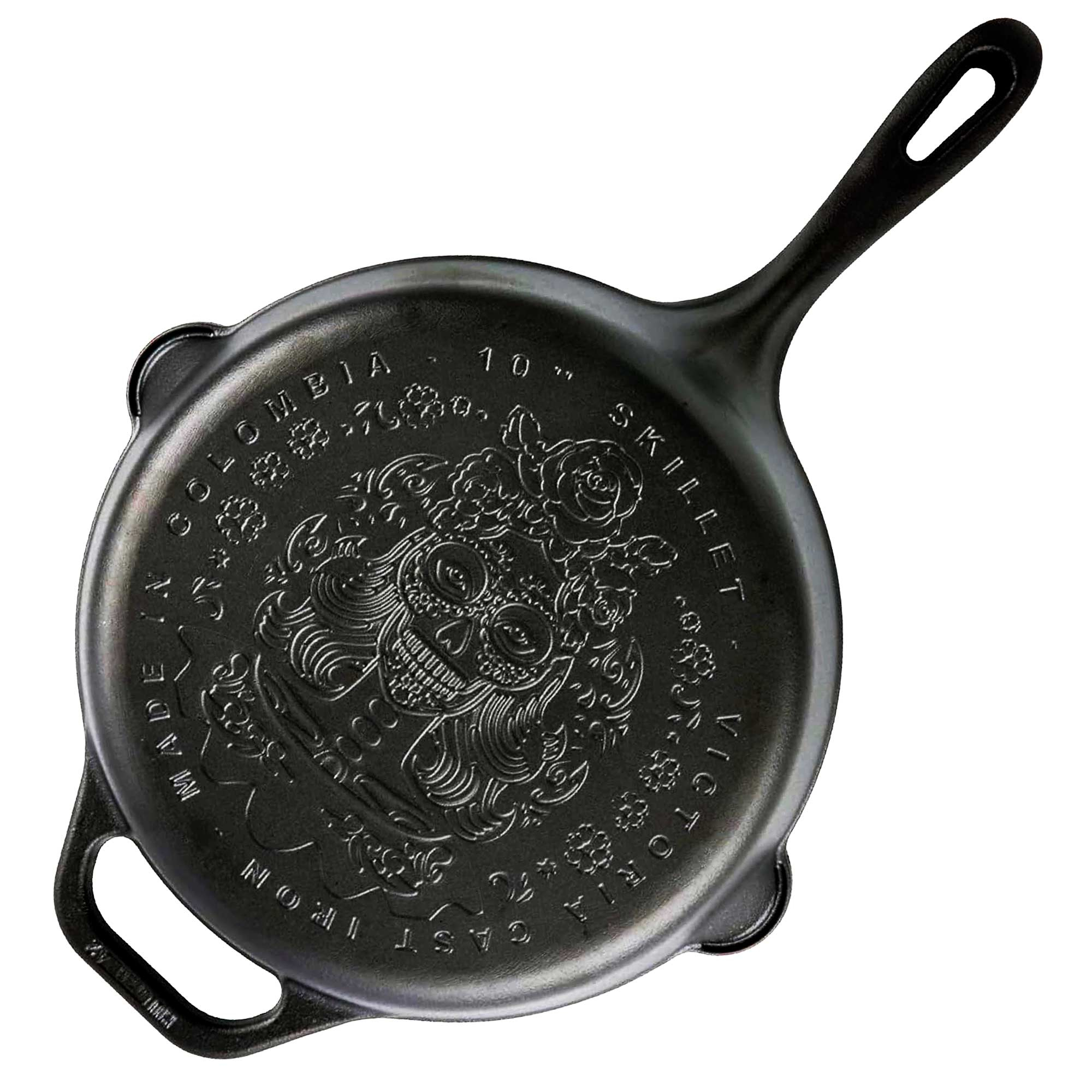 Sartén Hierro Fundido Curado Day of the Dead La Catrina, La Calaca,  Apta Barbacoa, Horno, Inducción, Gas, Cast Iron Skillet Curada para Crear Antiadherente Libre de Tóxicos sin PFOA, Victoria