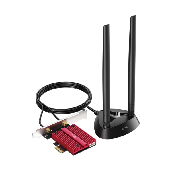 Cudy adaptador de red pcie tribanda wifi 7 be9300 - bluetooth 5.4 - disipador termico - base de antena magnetizada - color negro/rojo