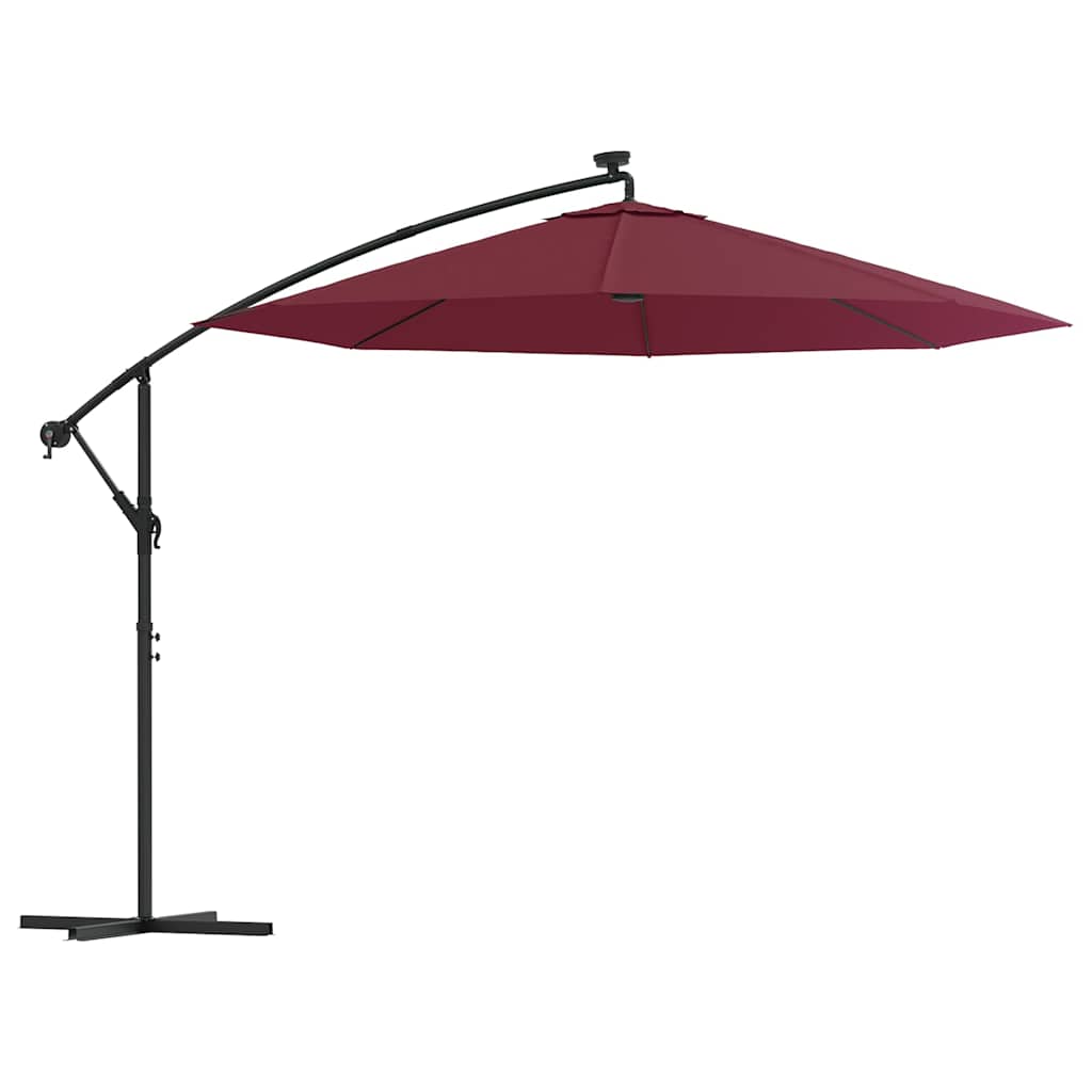 vidaXL Sombrilla jardín voladiza con luces LED palo de acero rojo vino