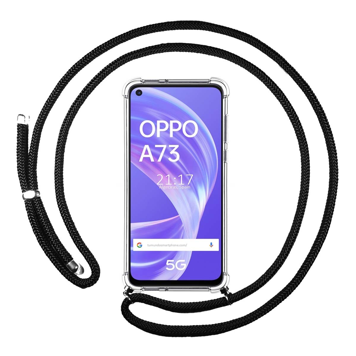 Tumundosmartphone Funda Colgante Transparente para Oppo A73 5G con Cordon Negro