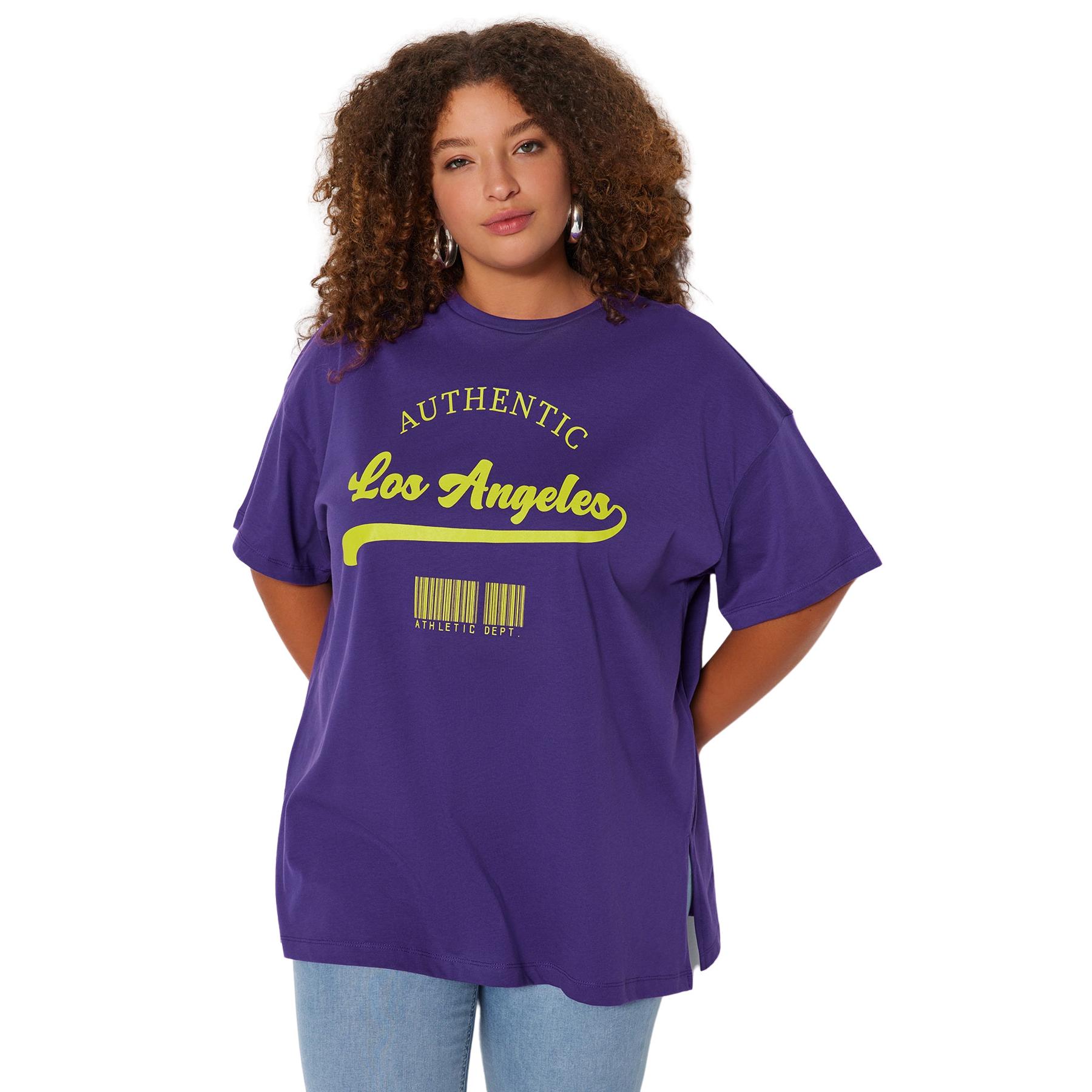Trendyol Purple Wide Pattern Crew Neck Printed 100% Cotton Knitted T-Shirt Tbbss23Ah00131