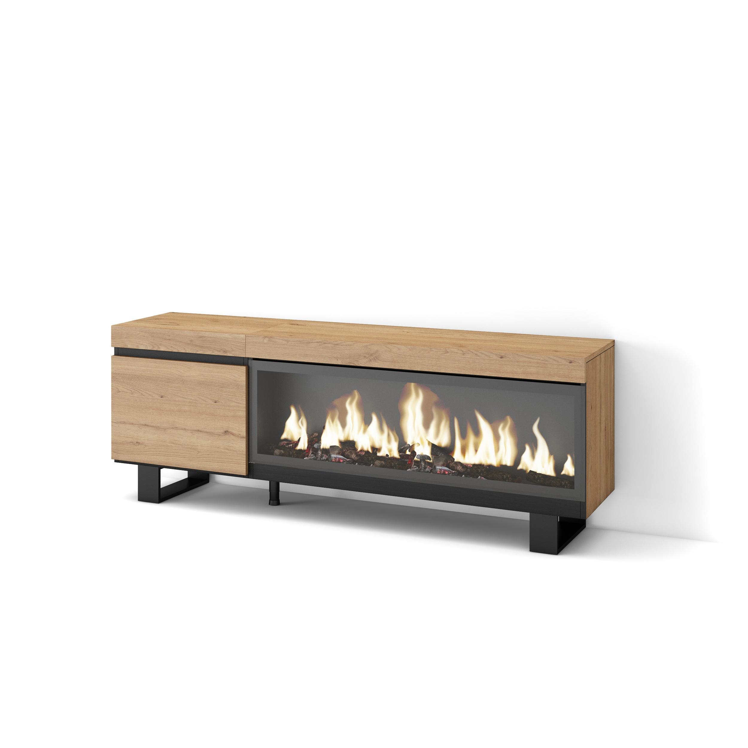 Skraut Home, Mueble Televisión, 158x35x57cm, Fuego Led XXL efecto 3D, Veteado de madera, Tacto poroso de alta calidad