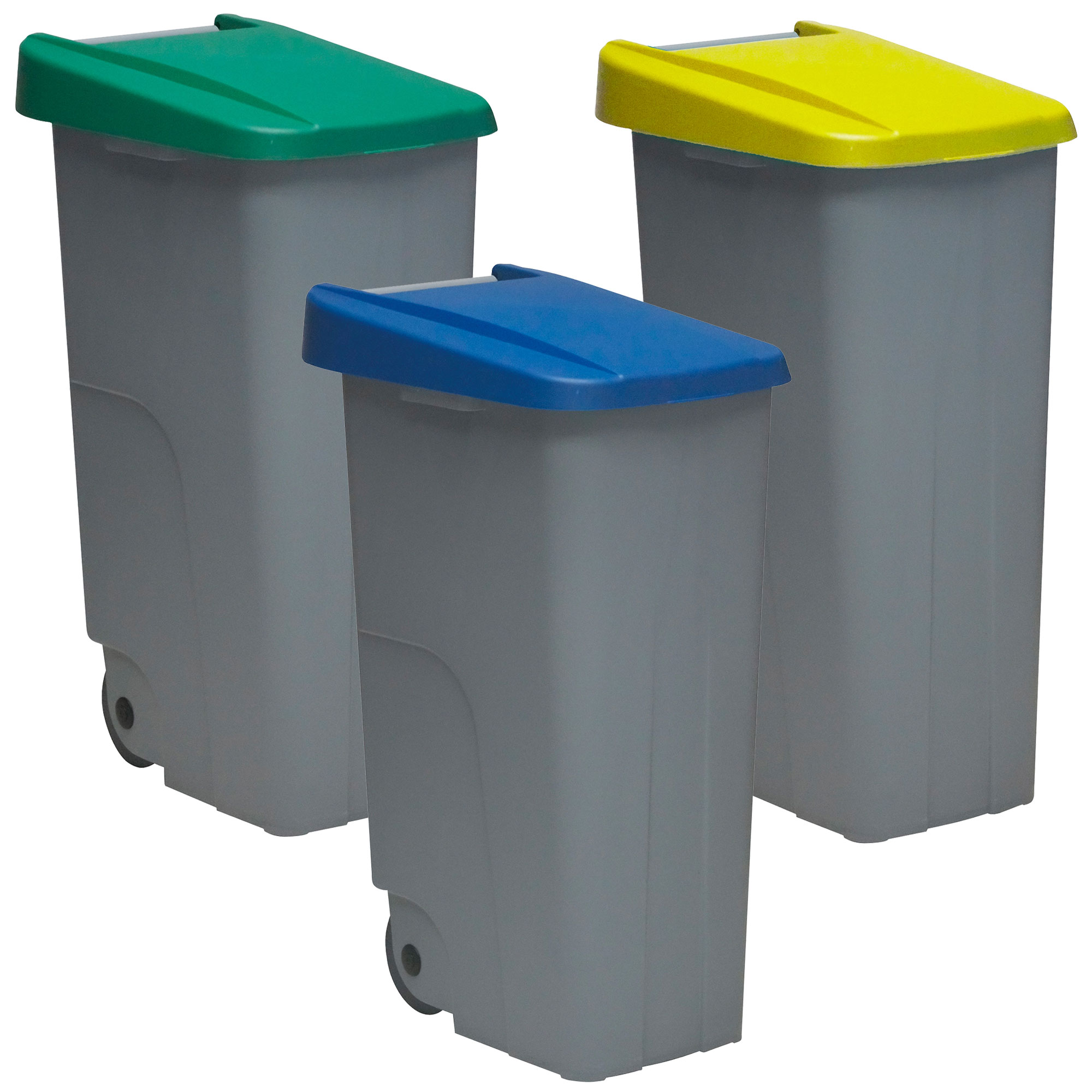 Denox Pack Reciclaje Contenedor Reciclo 110L Cerrado Set de 3 Contenedores Encajables con Ruedas en Azul Verde Amarillo