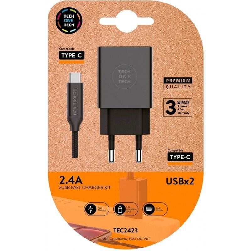 Cargador de Pared Tech One Tech TEC2423 2xUSB + Cable USB Tipo-C 2.4A Negro, para Xiaomi, Samsung, Huawei, OPPO, Redmi, Realme