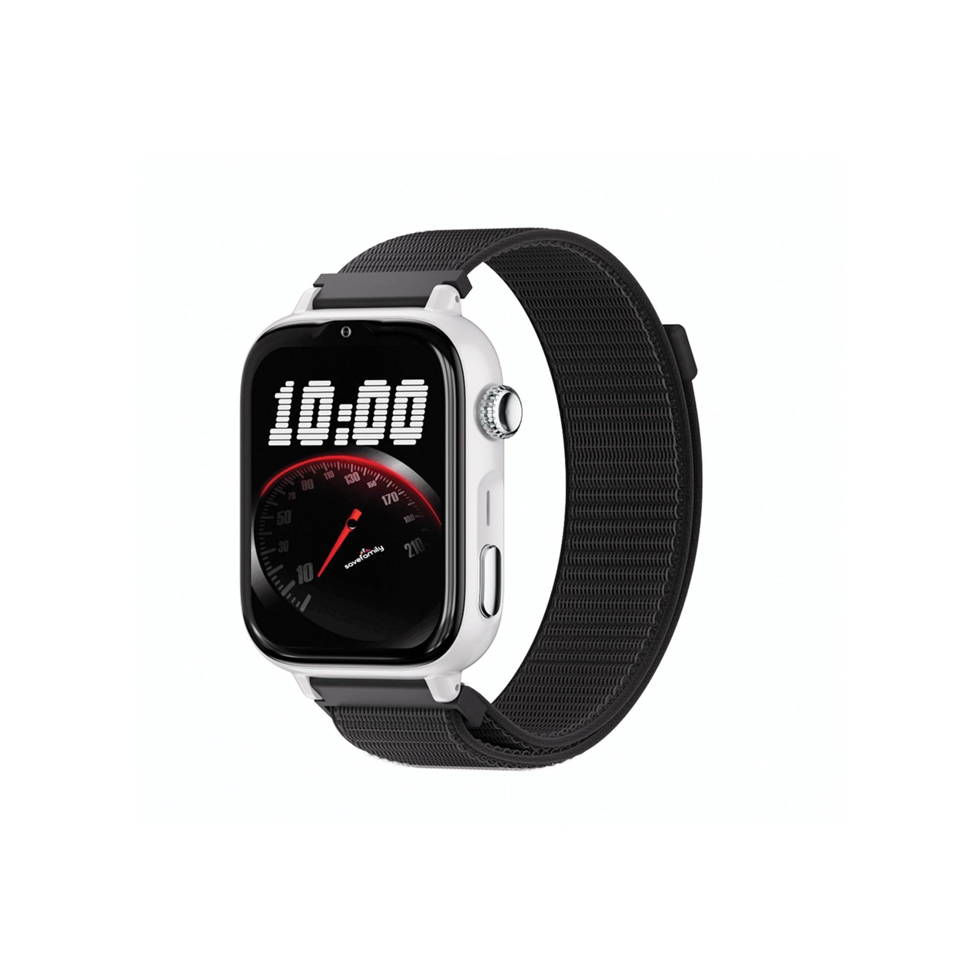 SaveFamily SaveWatch Plus 2 Reloj Inteligente Niño con Localizador GPS, Inteligencia Artificial, IA, Llamada, Vídeo, Whatsapp, Spotify, App Store Carcasa Plata y Correa de Tela Black Night SmartWatch Save Watch NO INCLUYE SIM