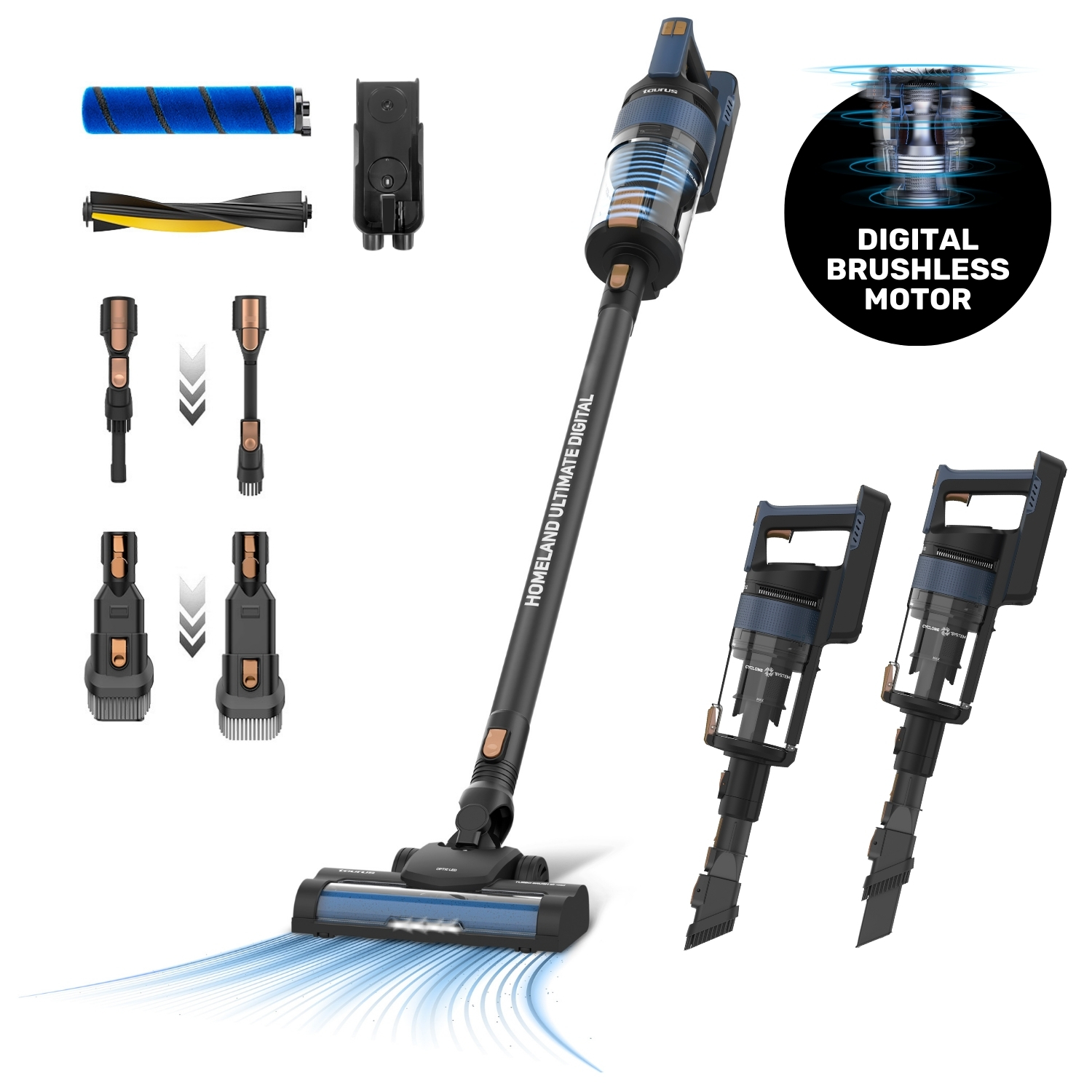 Taurus - Homeland Ultimate  - Aspirador Vertical sin Cable | Accesorios Cepillos Intercambiables | Baterías Carga rápida | 2 Velocidades | Ligero  LED display | 10000Pa Succión