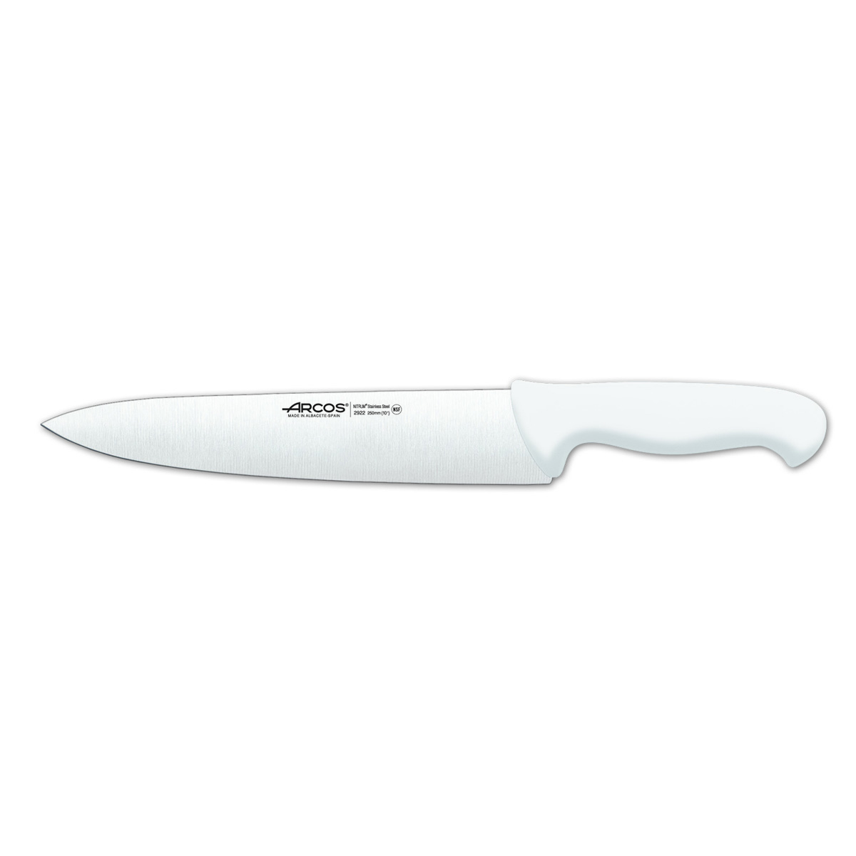 Cuchillo de Cocinero Arcos Colour - Prof 292224 de Acero Inoxidable Nitrum y Mango Ergonómico de Polipropileno Blanco y Hoja de 25 Cm con Funda Display