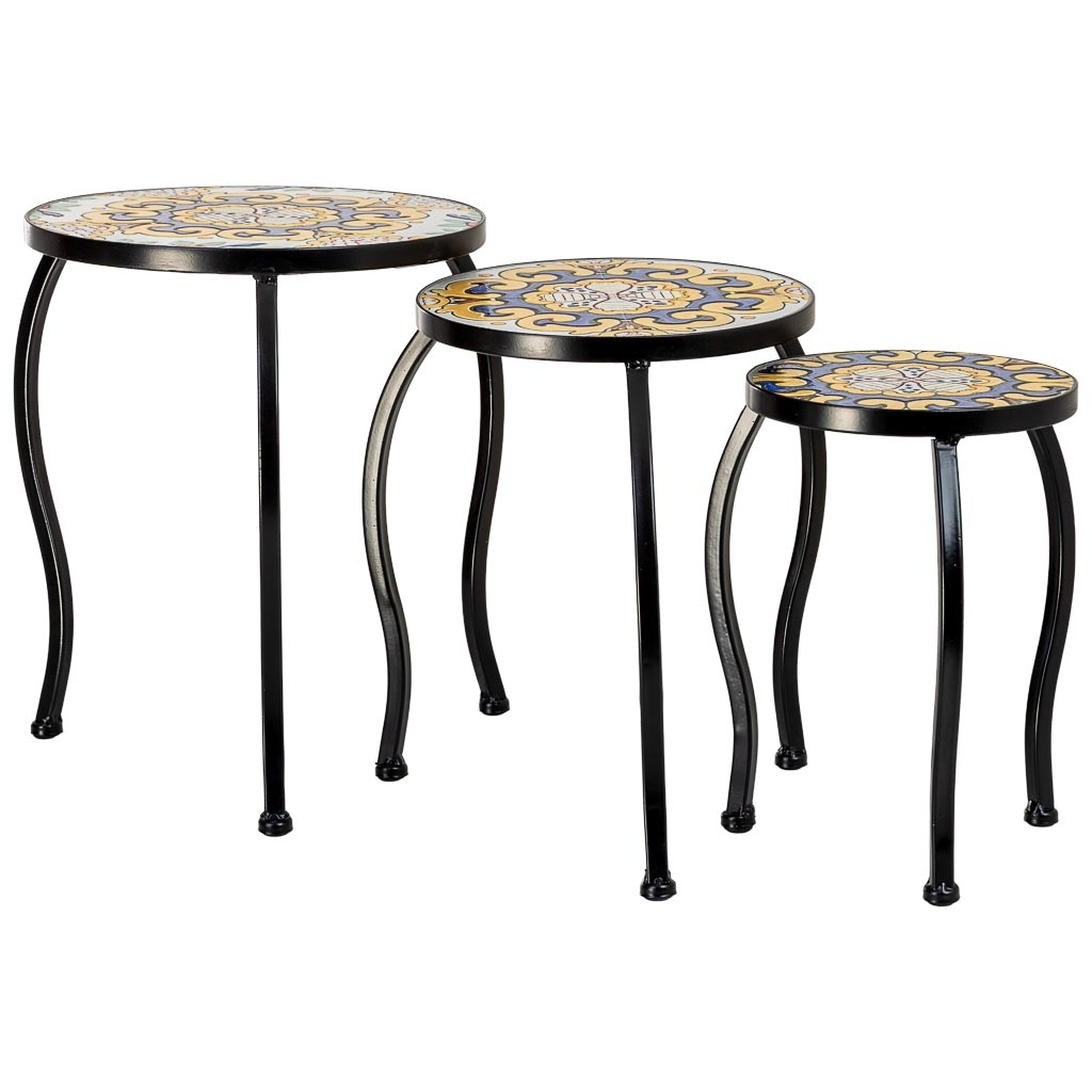 Wonderlust Deco - Soporte set 3 pzas de mosaico y forja amarillo 33x33x37h-28x28x33h-23x Amarillo 33x33x37h-28x28x33h-23x23x29h cm