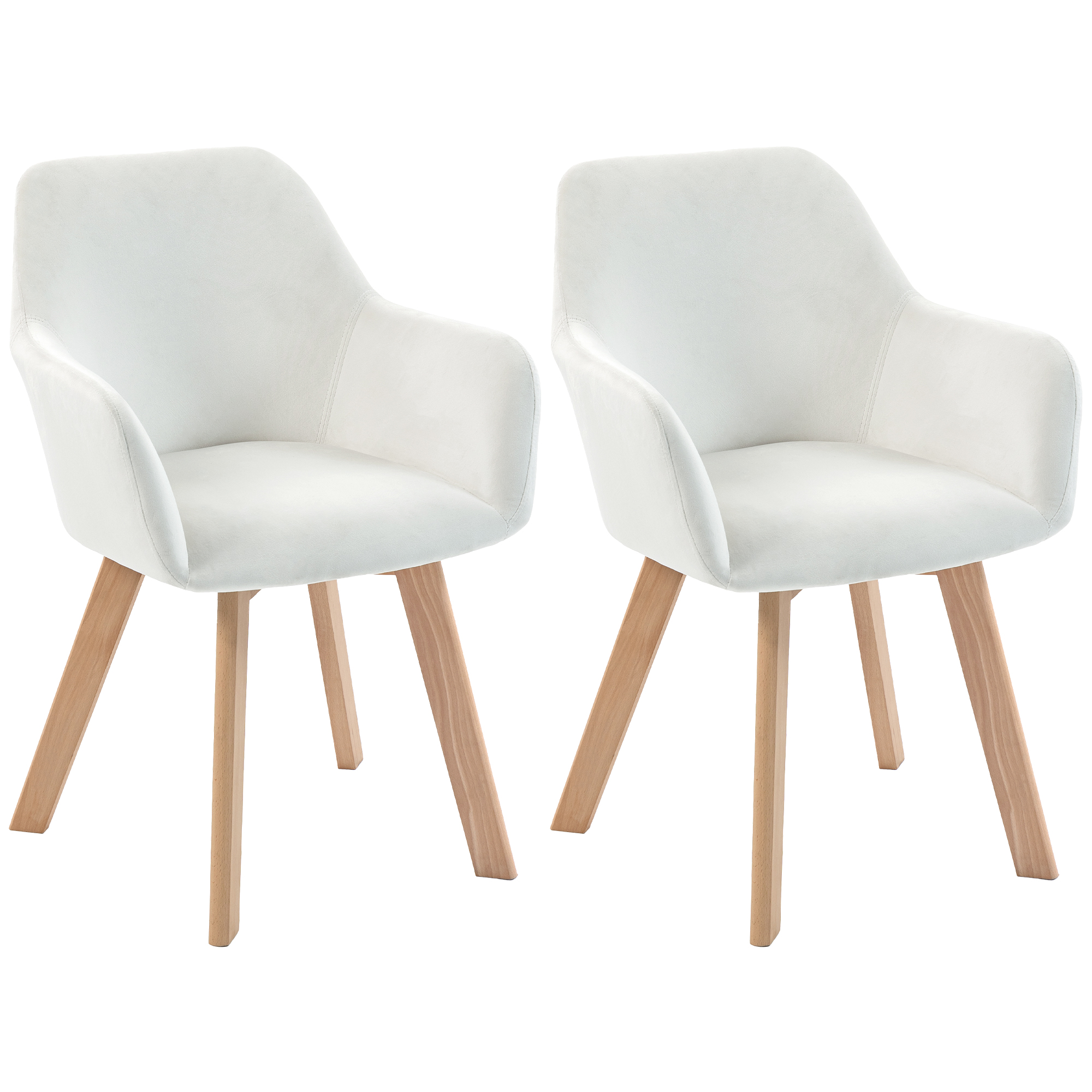 HOMCOM Pack de 2 Sillas de Comedor Modernas, Sillas de Cocina Tapizado en Terciopelo, con Respaldo, Reposabrazos y Patas de Madera, Carga 120 kg, para Salón, Dormitorio, 54x57x80 cm, Blanco Crema
