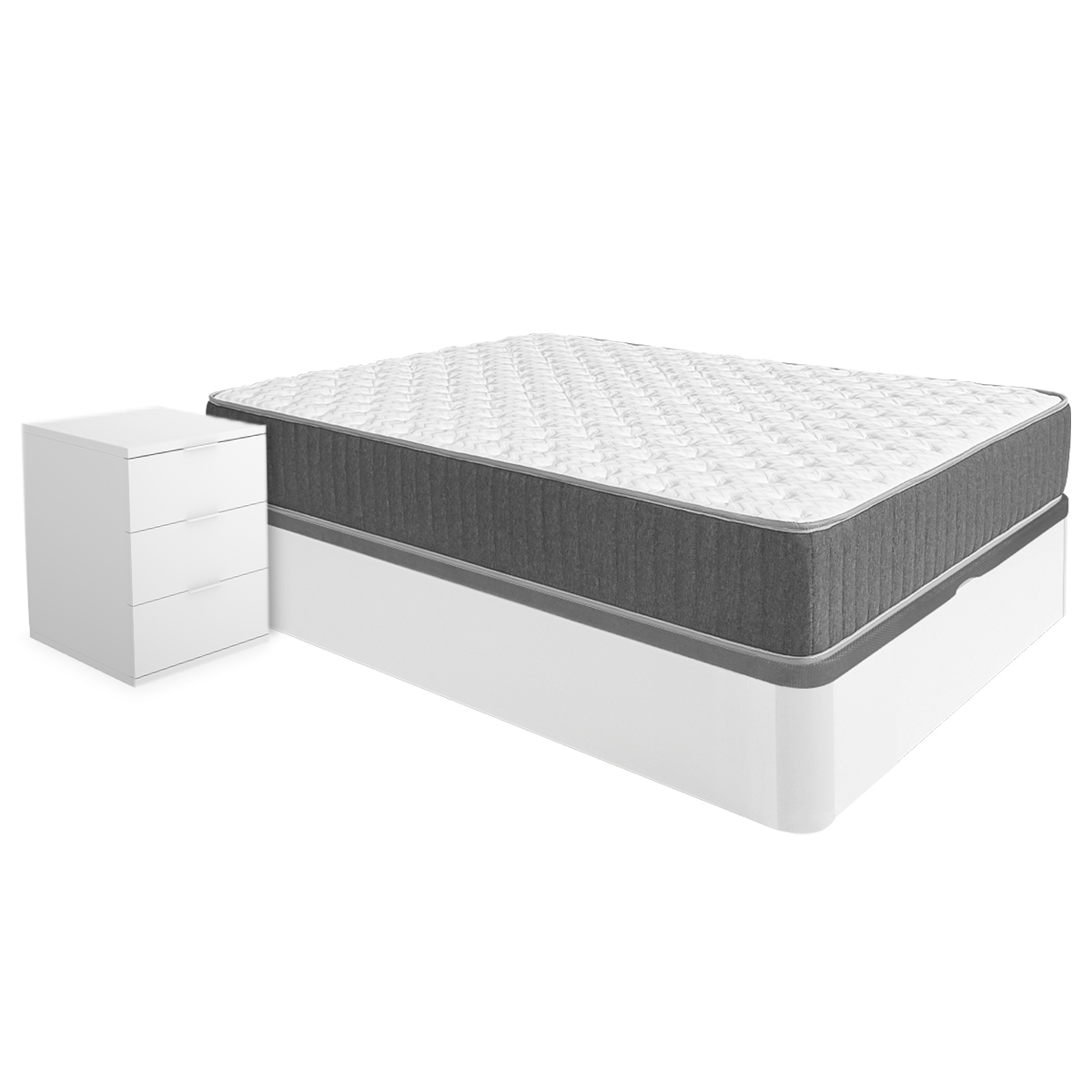 Pack ahorro matrimonio Canapé Round con Colchón viscoelástico y muelles Aurea 135 x 190 cm y 2 Mesitas de noche Rio| Montaje Incluido (Solo canapé)