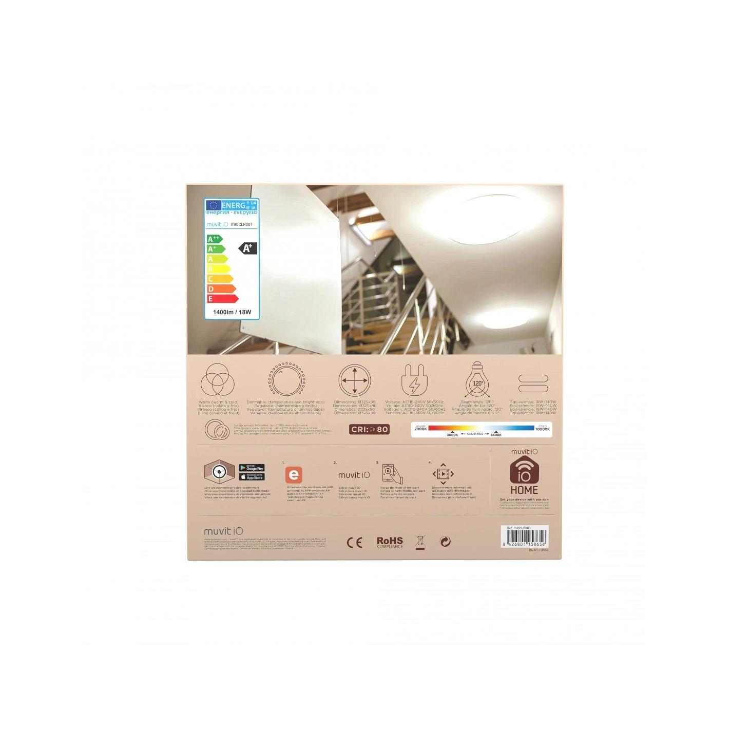 Muvit - Plafón LED inteligente iO-WIFICLDW de techo 18 W con control WiFi y ajuste CCT para salón, dormitorio o pasillo | IP20